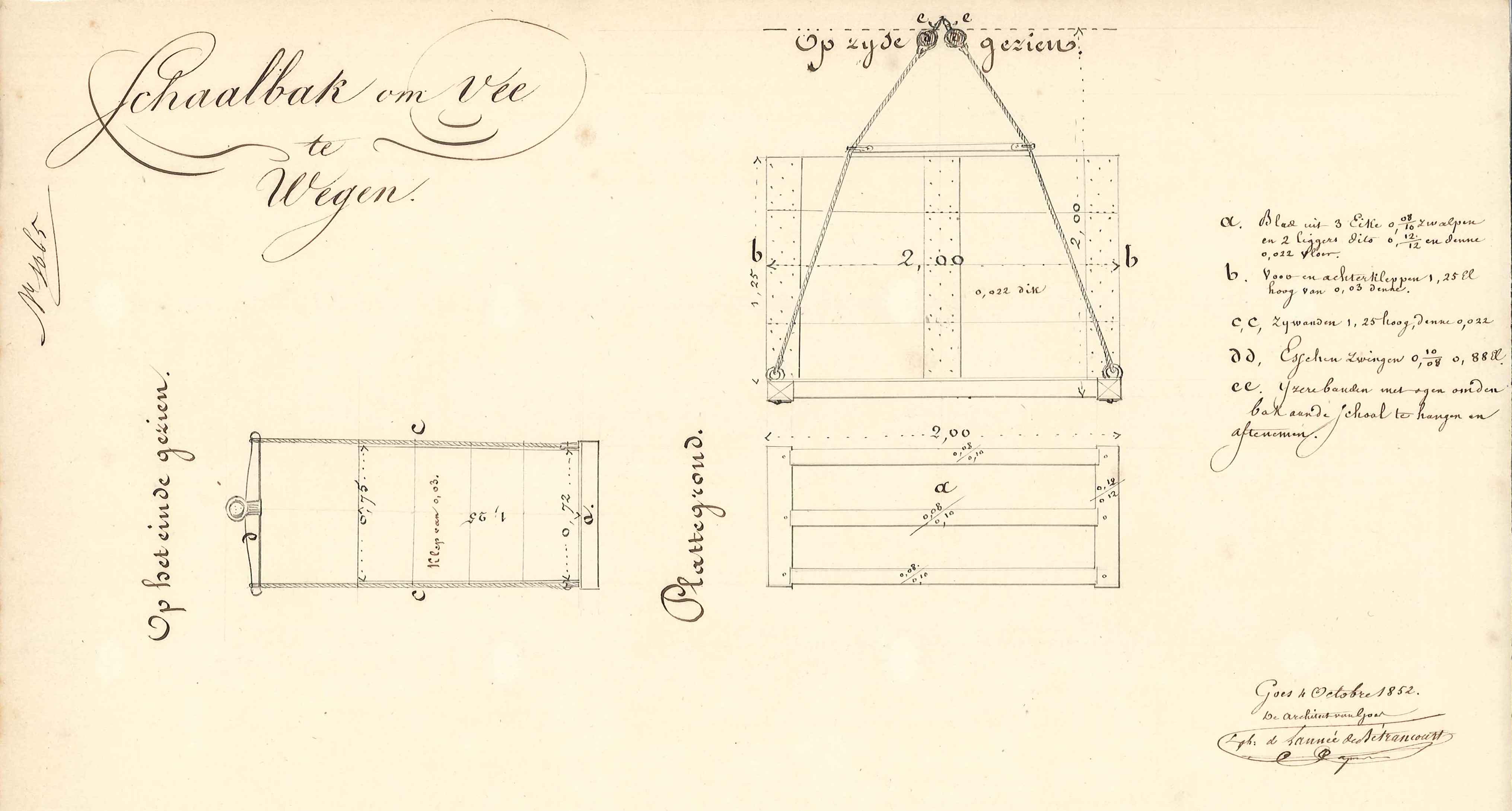 Ontwerp voor een weegschaal voor vee in het stadhuis in de waag, door architect Lannée de Betrancourt, 1852. GAG.AGG.inv.nr. 153, nr. 1065.