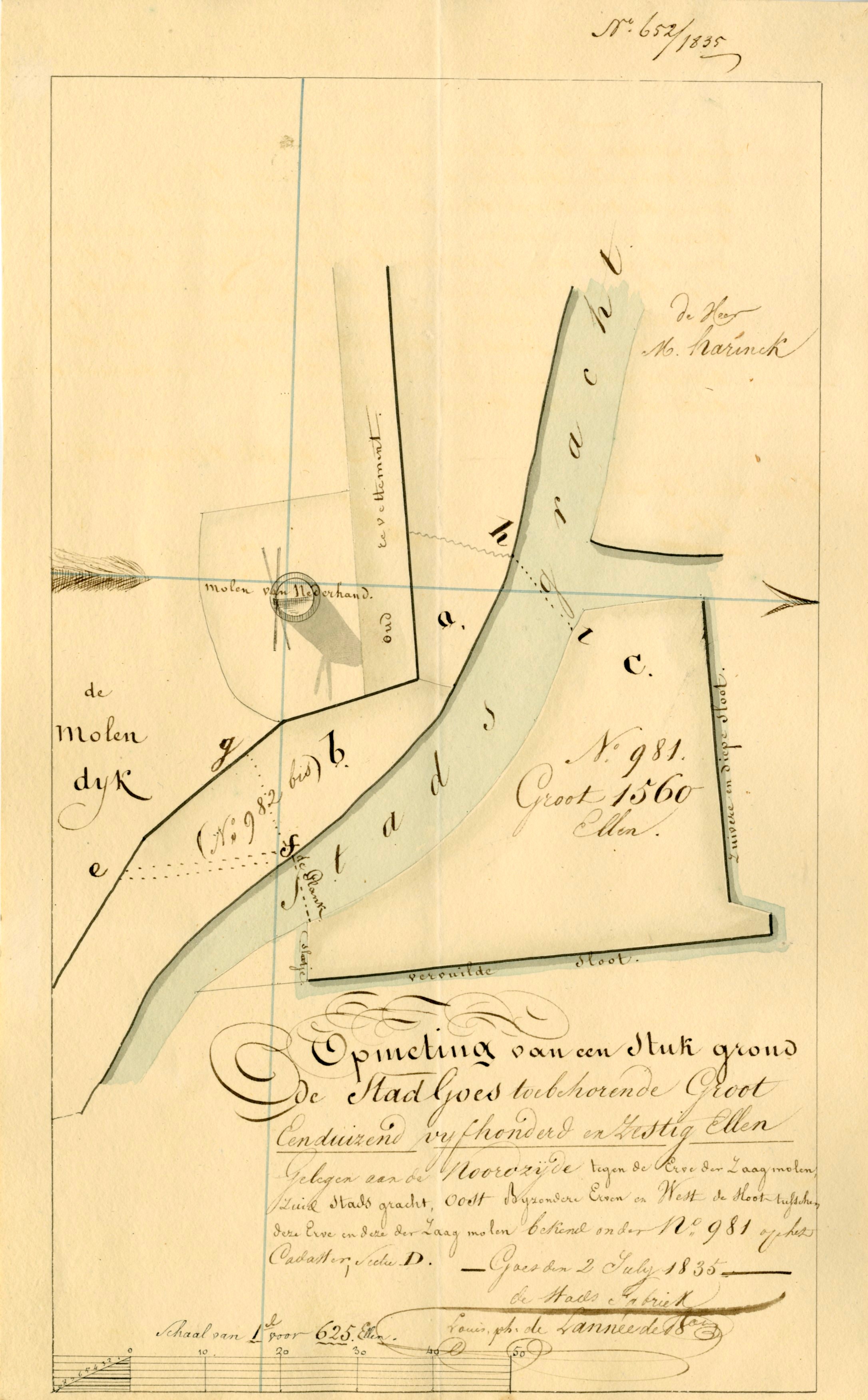 Opmeting van een perceel bij de Molendijk, 1835. GAG.ASG.inv.nr.541,nr. 652.