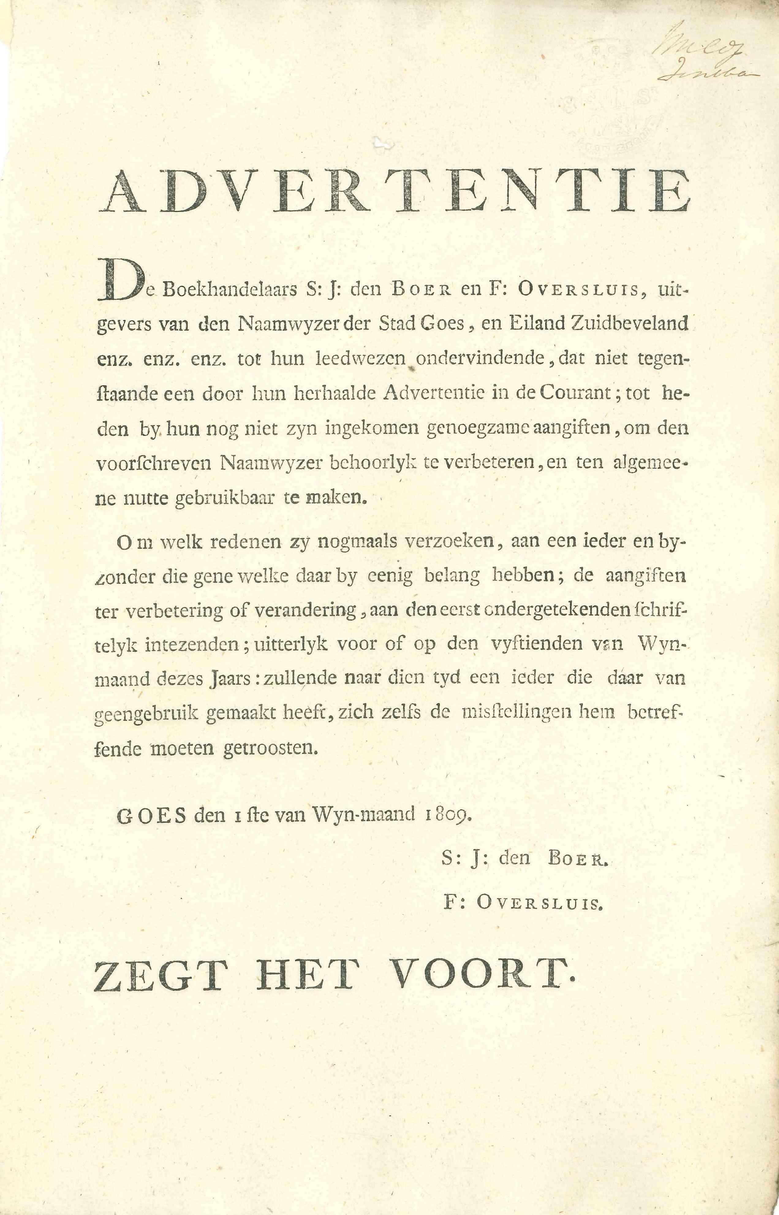 Oproep van de uitgevers van de Naamwijzer voor Goes, 1809.