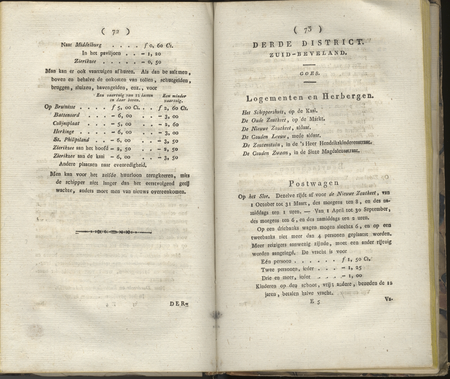 Overzicht van veerdiensten en postwagens vanaf Goes, 'Wandelingen', De kanter en Dresselhuis, 1823. GAG. HB.