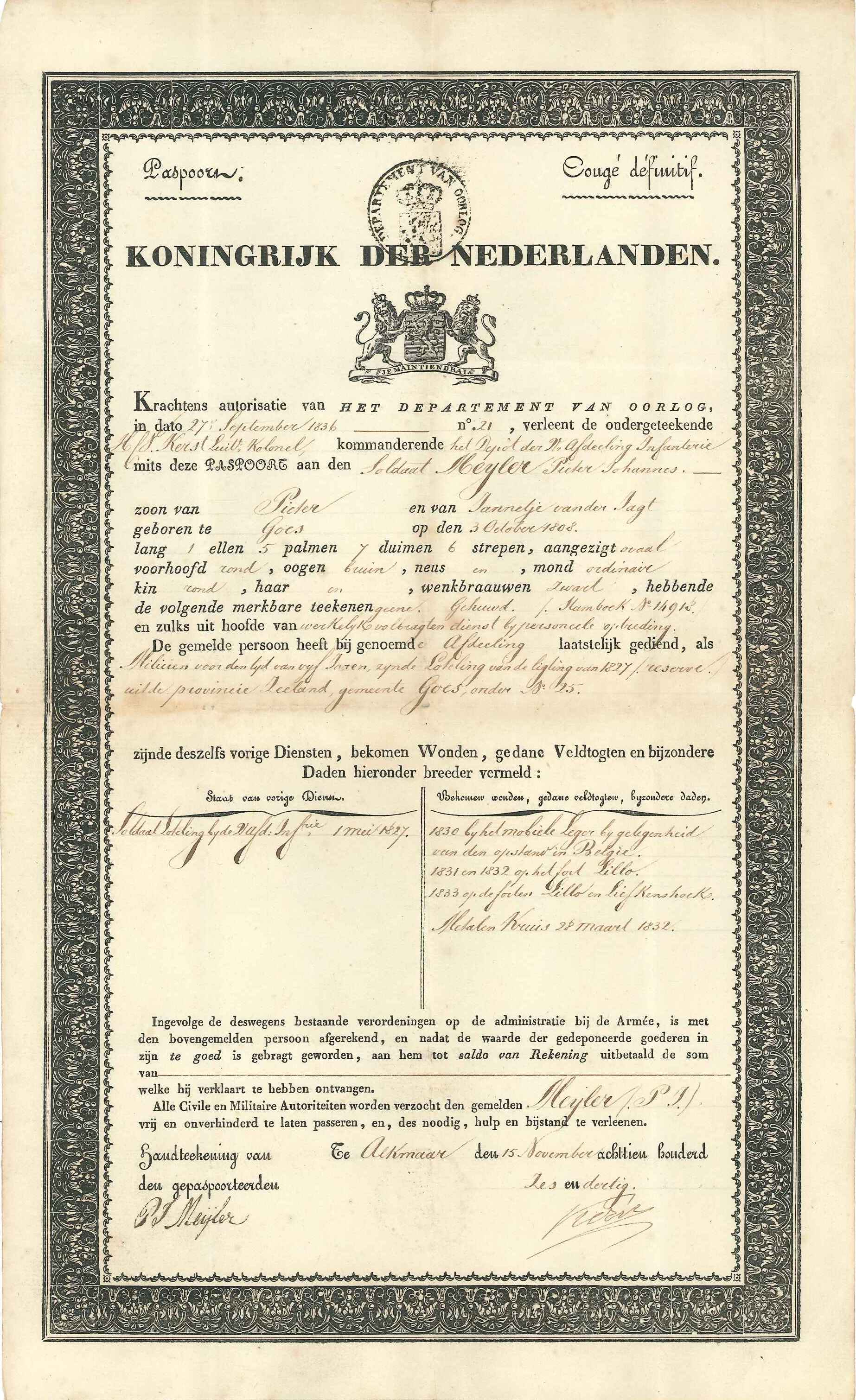 Paspoort voor de uit dienst ontslagen soldaat P.J. Meyler, geboren Goes 1808, 1836. GAG.HSV.inv.nr. 315.
