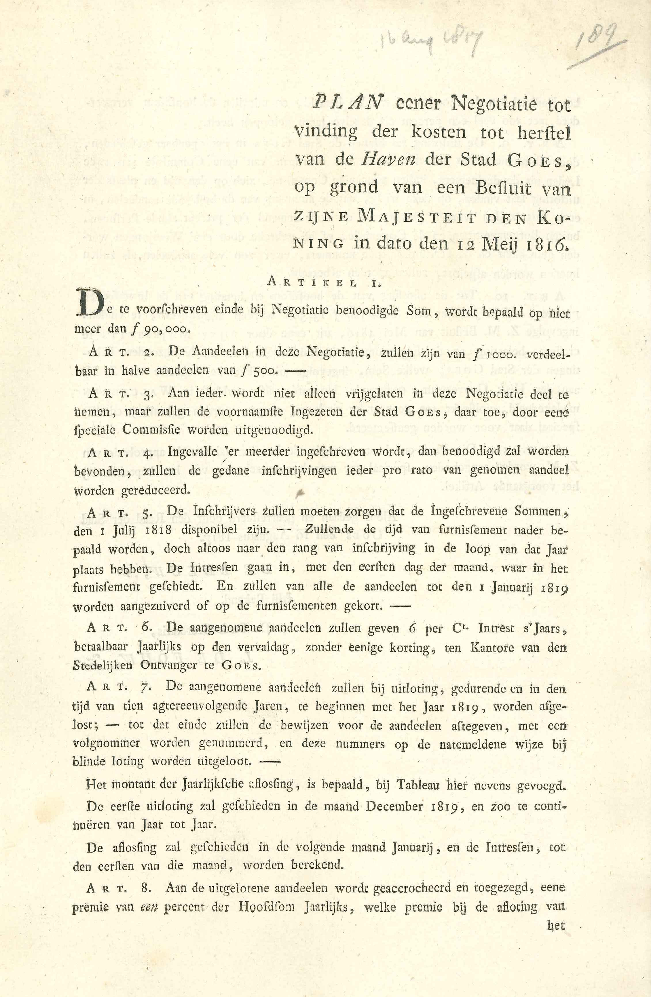 Plan om geldschieters te werven voor de verbetering van de haven, 1816.