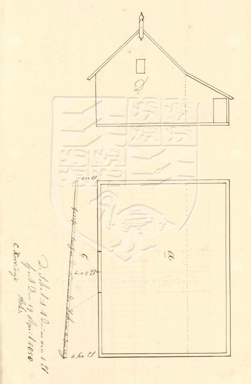 Plattegrond en zijgevel van Voorstad E75 van C. Korstanje, 1858. GAG.AGG.inv.nr. 214, nr. 451.
