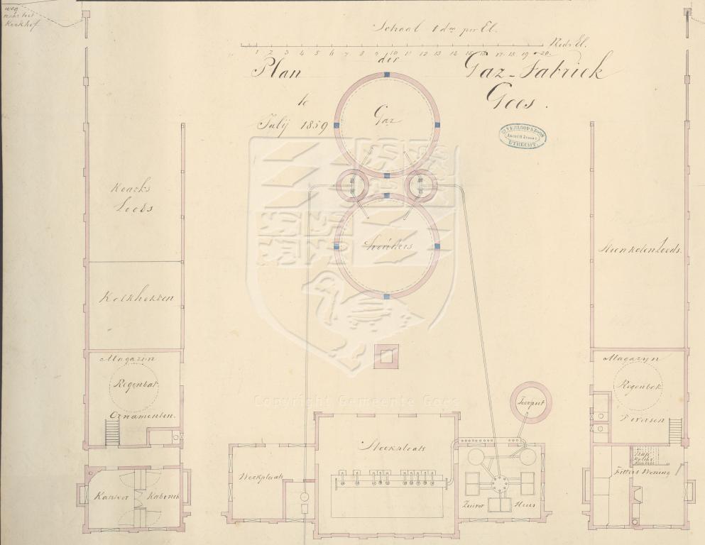 Plattegrond van de gasfabriek, detail van de tekening, 1859. GAG.HTA.