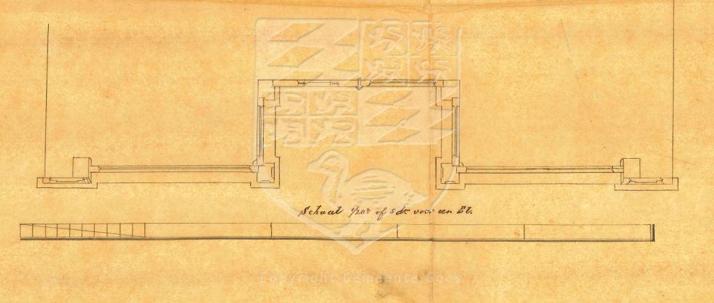 Plattegrond van de nieuwe winkelpui van Lange Kerkstraat 43, 1857. GAG.AGG.inv.nr.206, nr. 836.