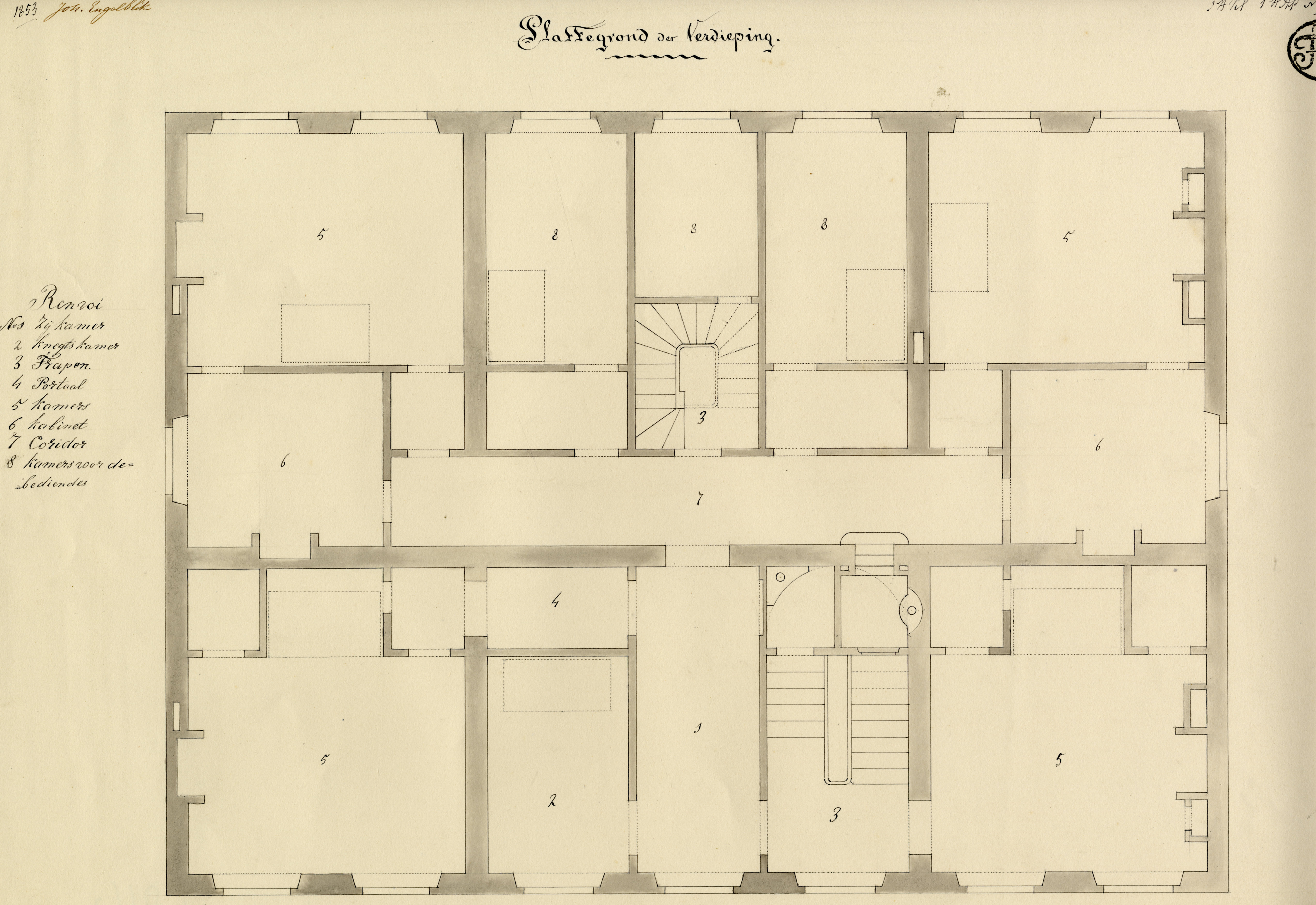 Plattegrond van een fantasie-herenhuis, Joh. Engelblik, 1853. GAG.Arch.Tekenschool, inv.nr. 99.