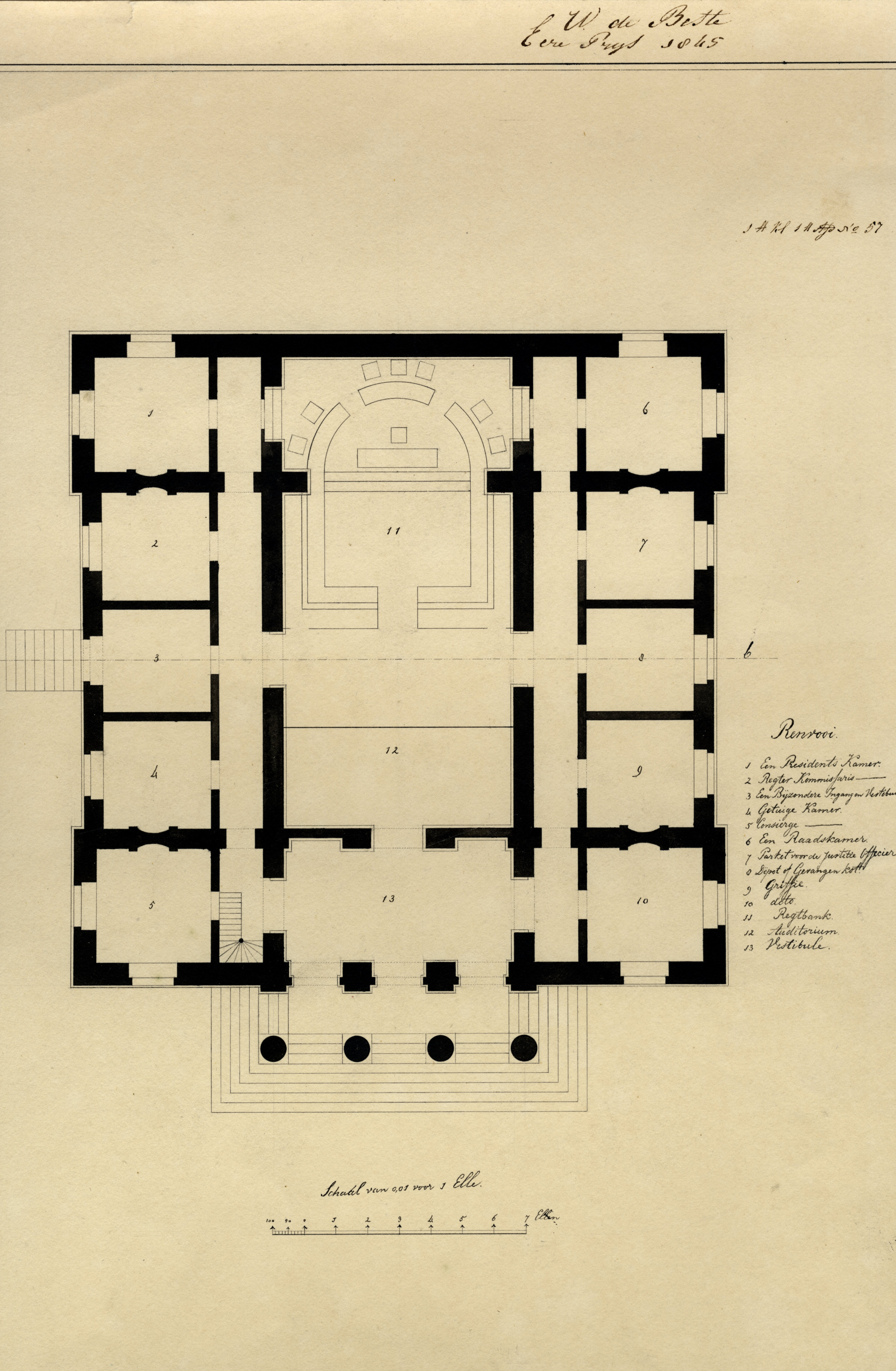 Plattegrond van een fictief gerechtsgebouw, W. de Beste, Eereprijs 1845. GAG.Arch.Tekenschool, inv.nr. 95.