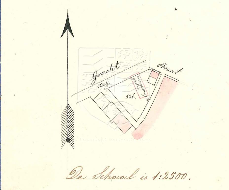 Plattegrond van het perceel sectie D 536, J. Valckestraat 13-15, voor het bouwen van een gareelmakersschuur voor J.D. Arentz, 1856. GAG.AGG.inv.nr. 193, nr. 602.