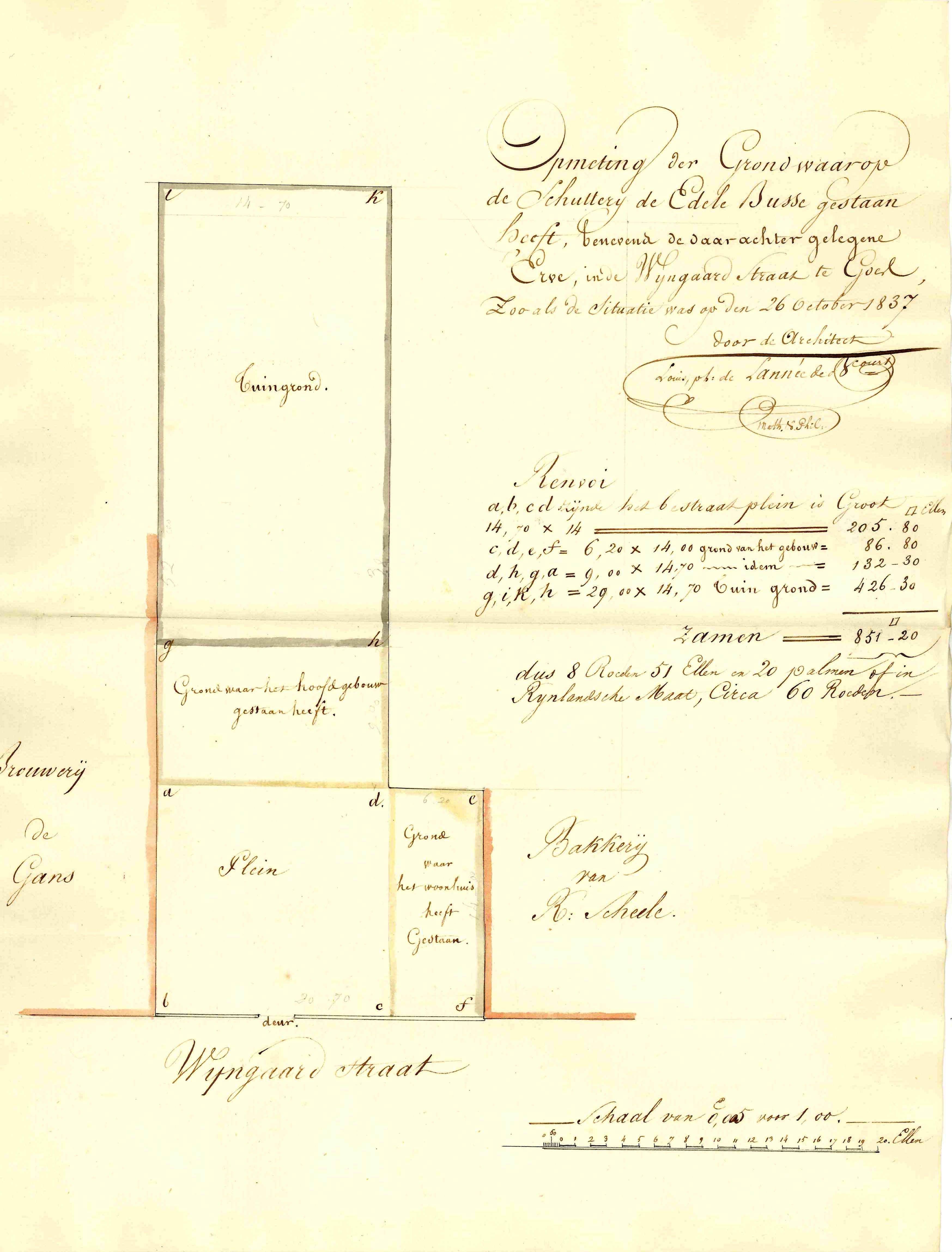 Plattegrond van het perceel van het schuttershof St. Adriaan, 1837. GAG.ASG.inv.nr. 548.1, volgnr. 73.