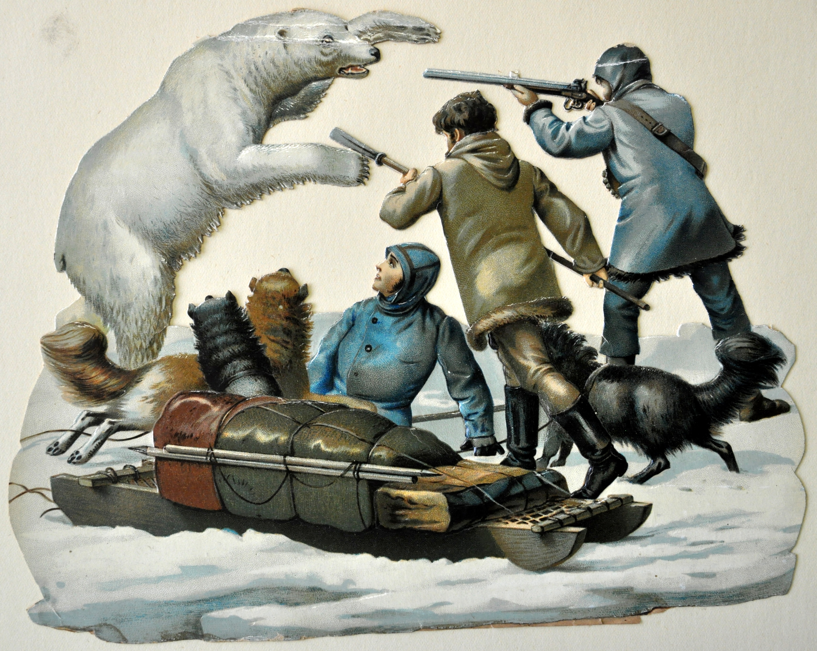 Poolreizigers worden aangevallen door een ijsbeer, poëzieplaatje, 19de eeuw. HMDB.
