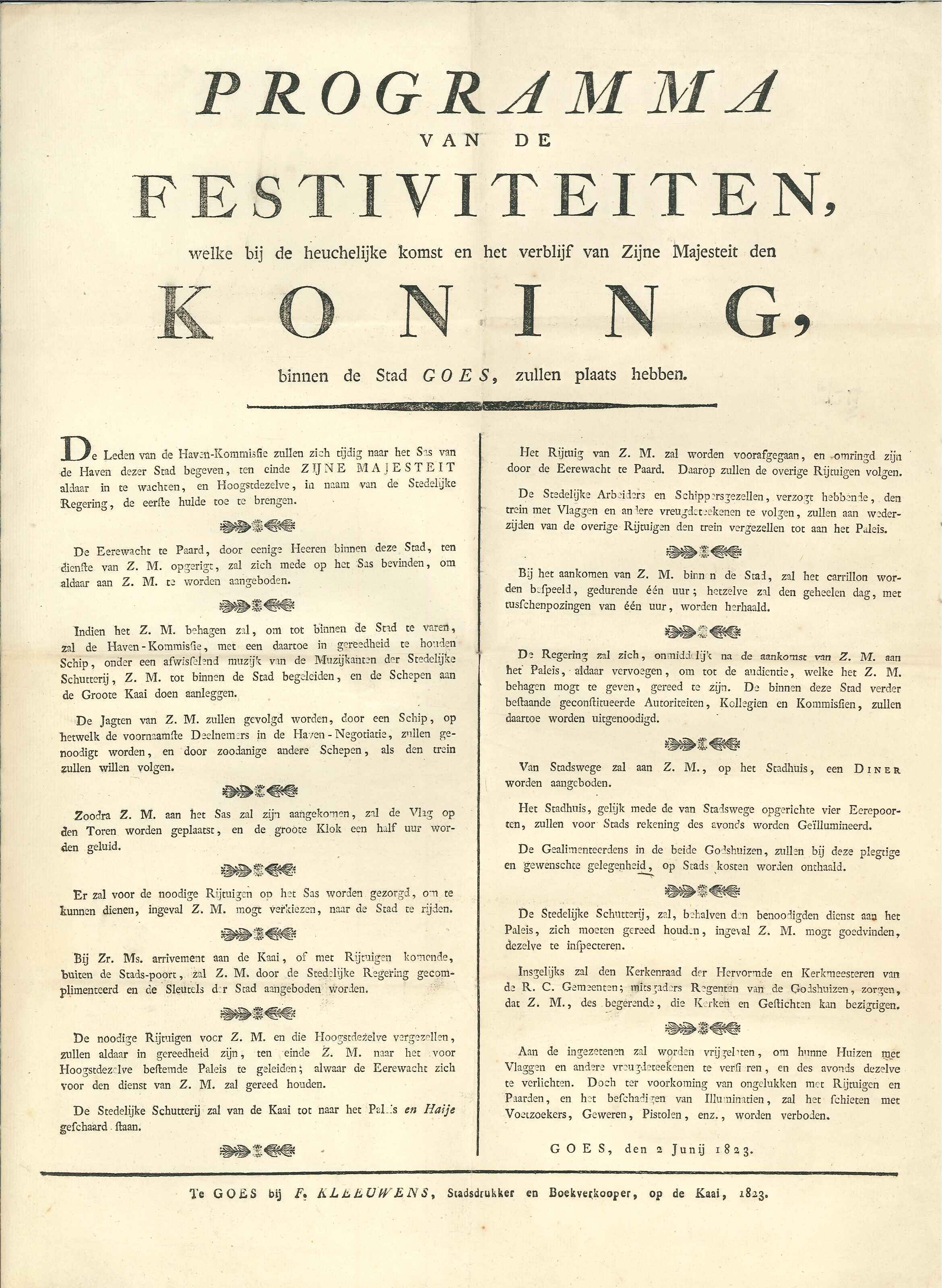 Programma voor het koninklijk bezoek, 1823. GAG.ASG.inv.nr. 5230.