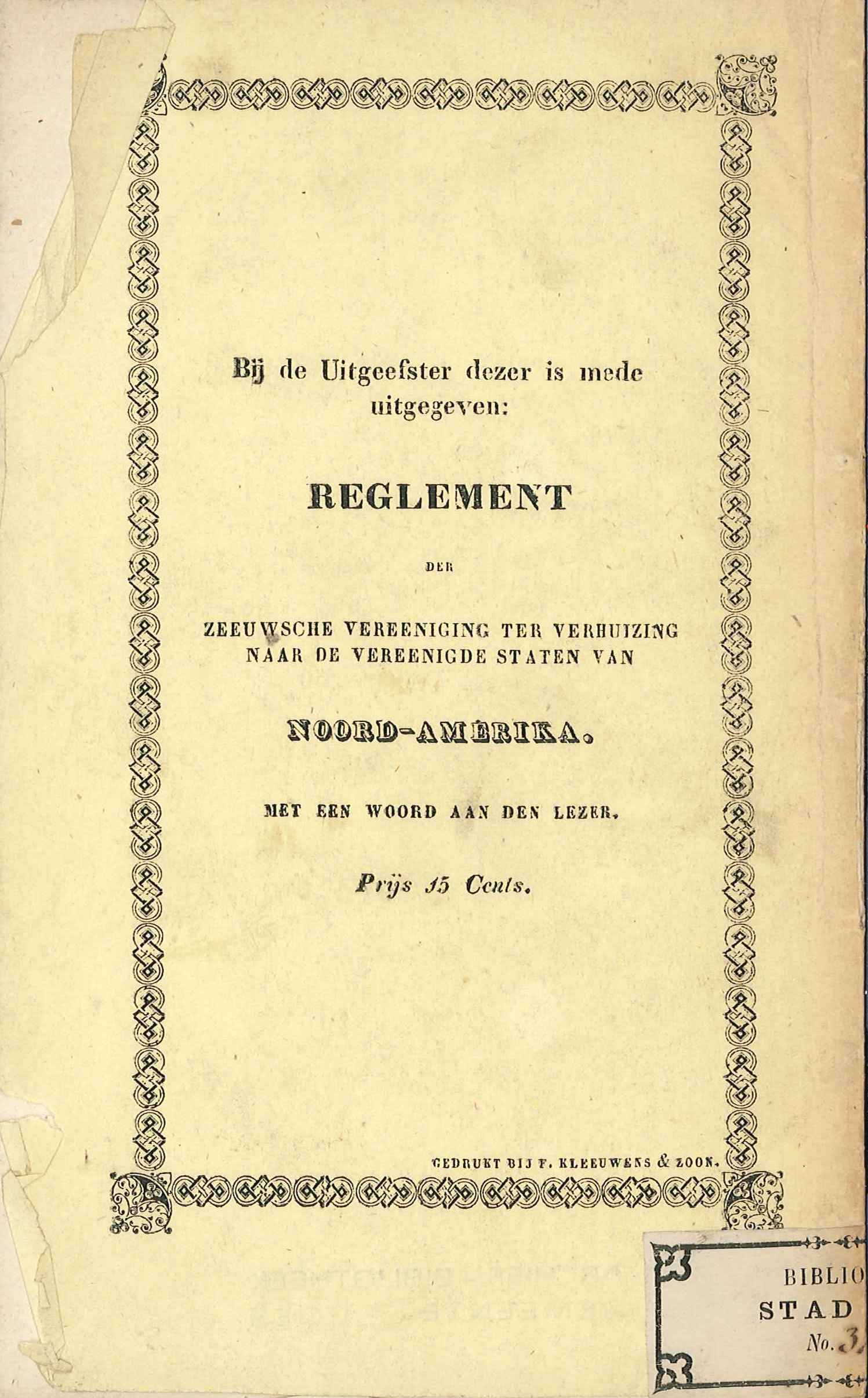 Reclame voor een emigratie-brochure, achterop 'Korte Schets'. Goes 1847. GAG.HB.