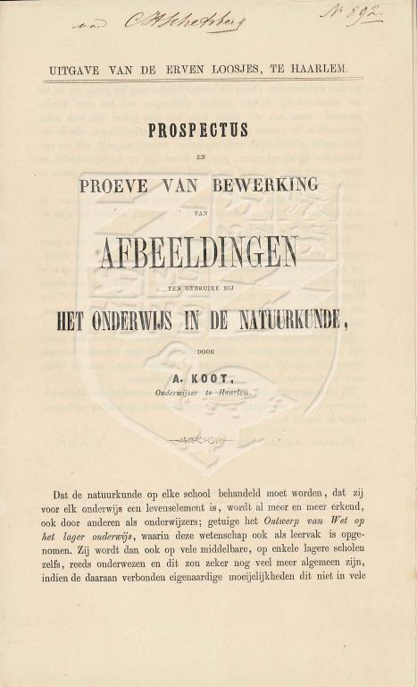 Reclame voor een uitgave van platen voor technisch onderwijs van A. Koot te Haarlem, bij Erven Loosjes aldaar, 1856. GAG.AGG.inv.nr. 195, nr. 892.