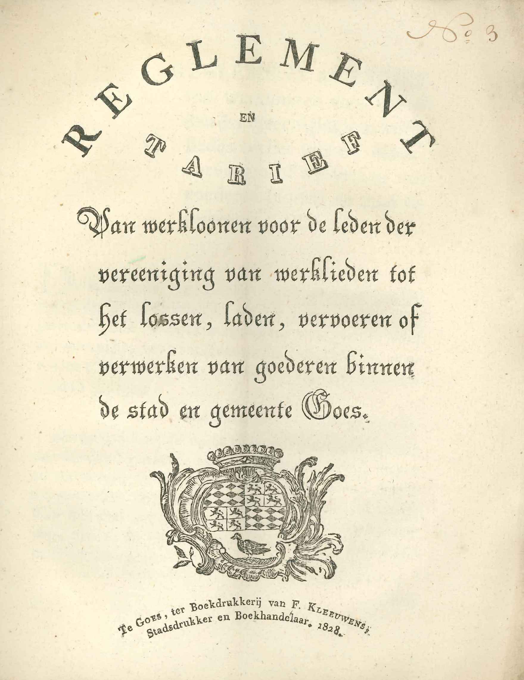 Reglement en tarieflijst voor de werkliedenvereniging, 1828. GAG.ASG.inv.nr. 2486.