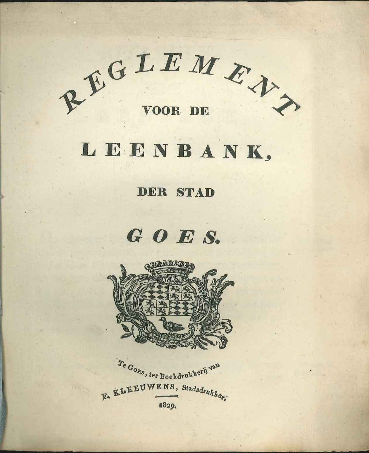Reglement op de bank van lening, 1829. Arch.bvl. 4.