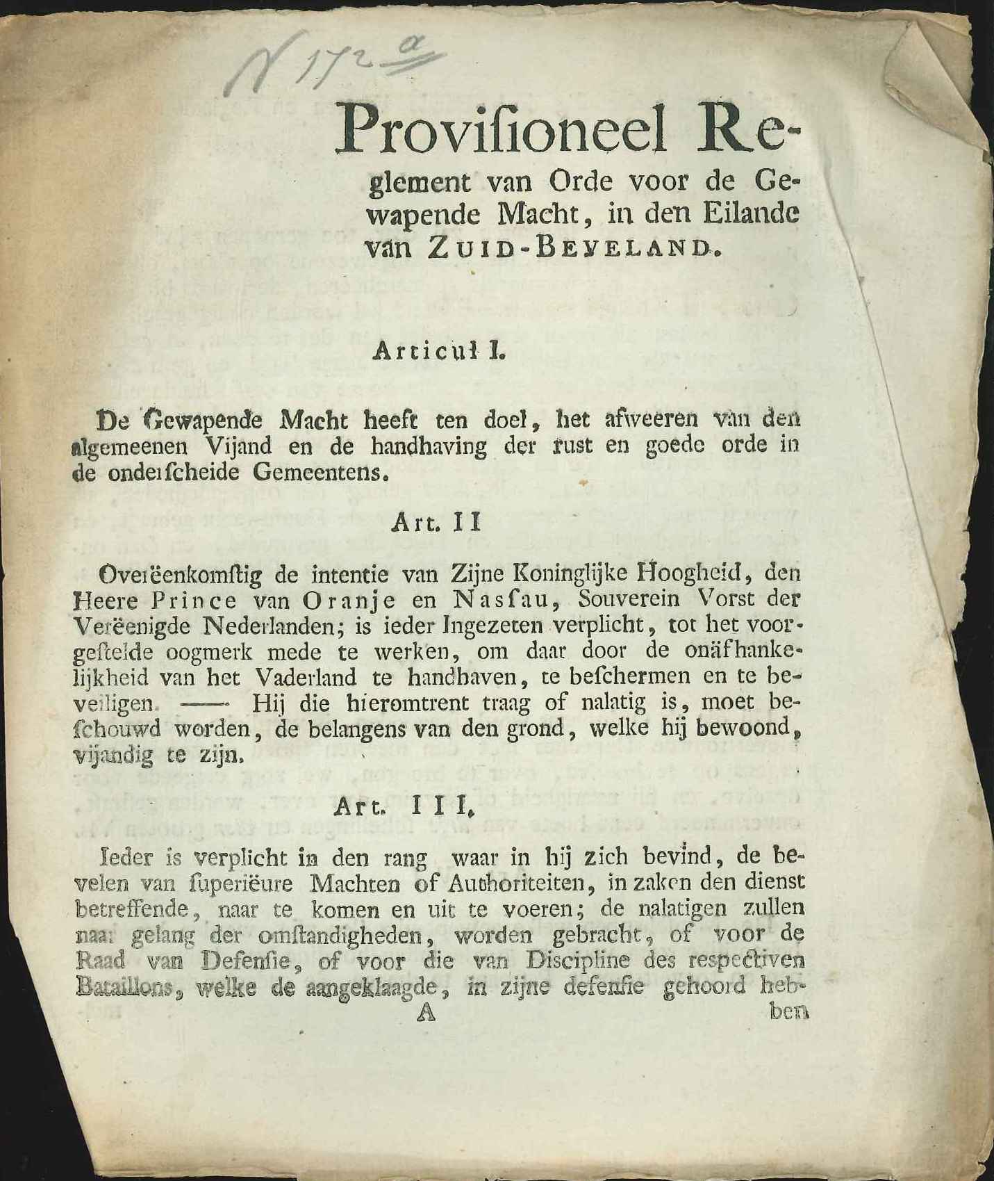 Reglement op de gewapende macht op Zuid-Beveland, 1813.