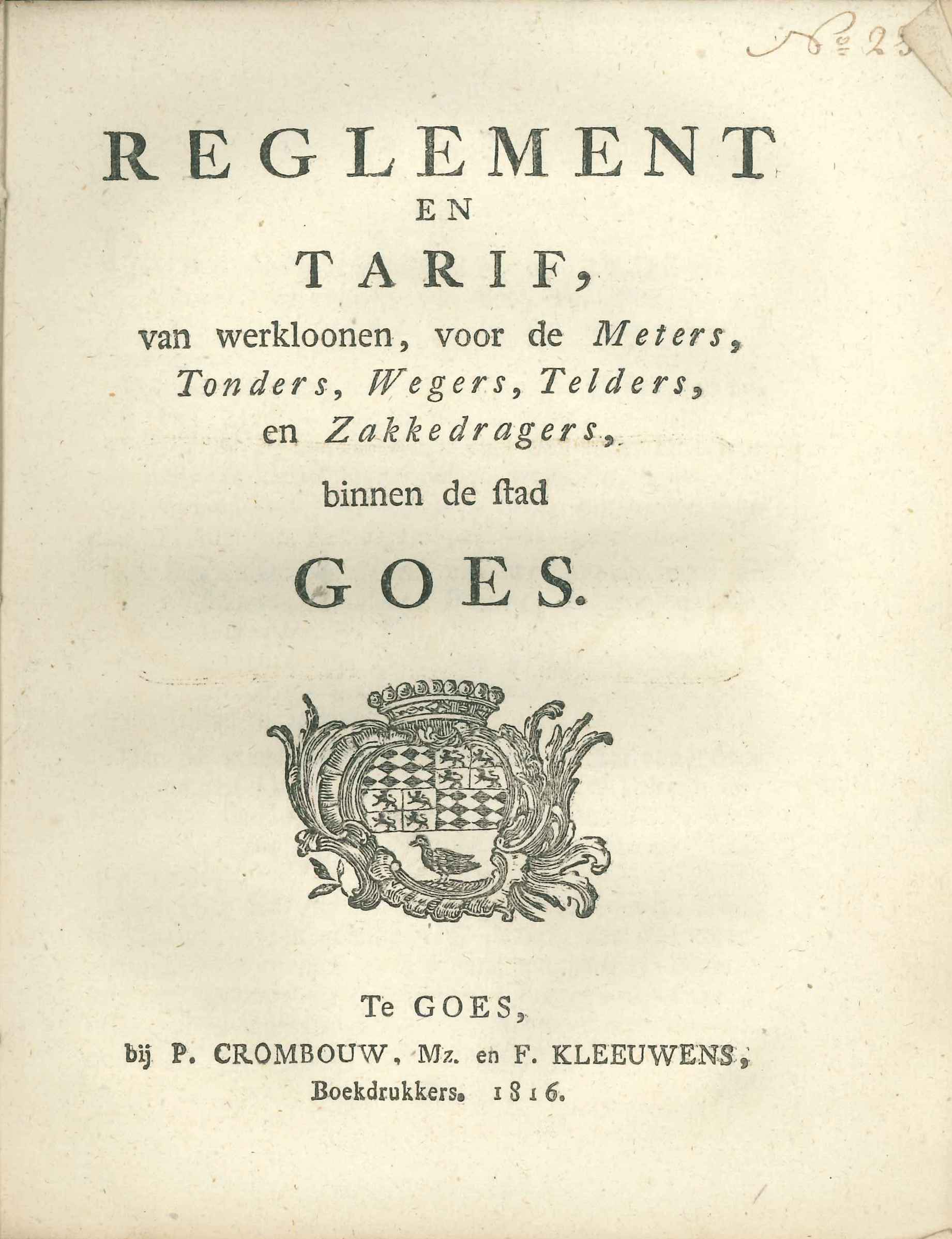 Reglement op de meters, tonders, wegers en zakkedragers, 1816.