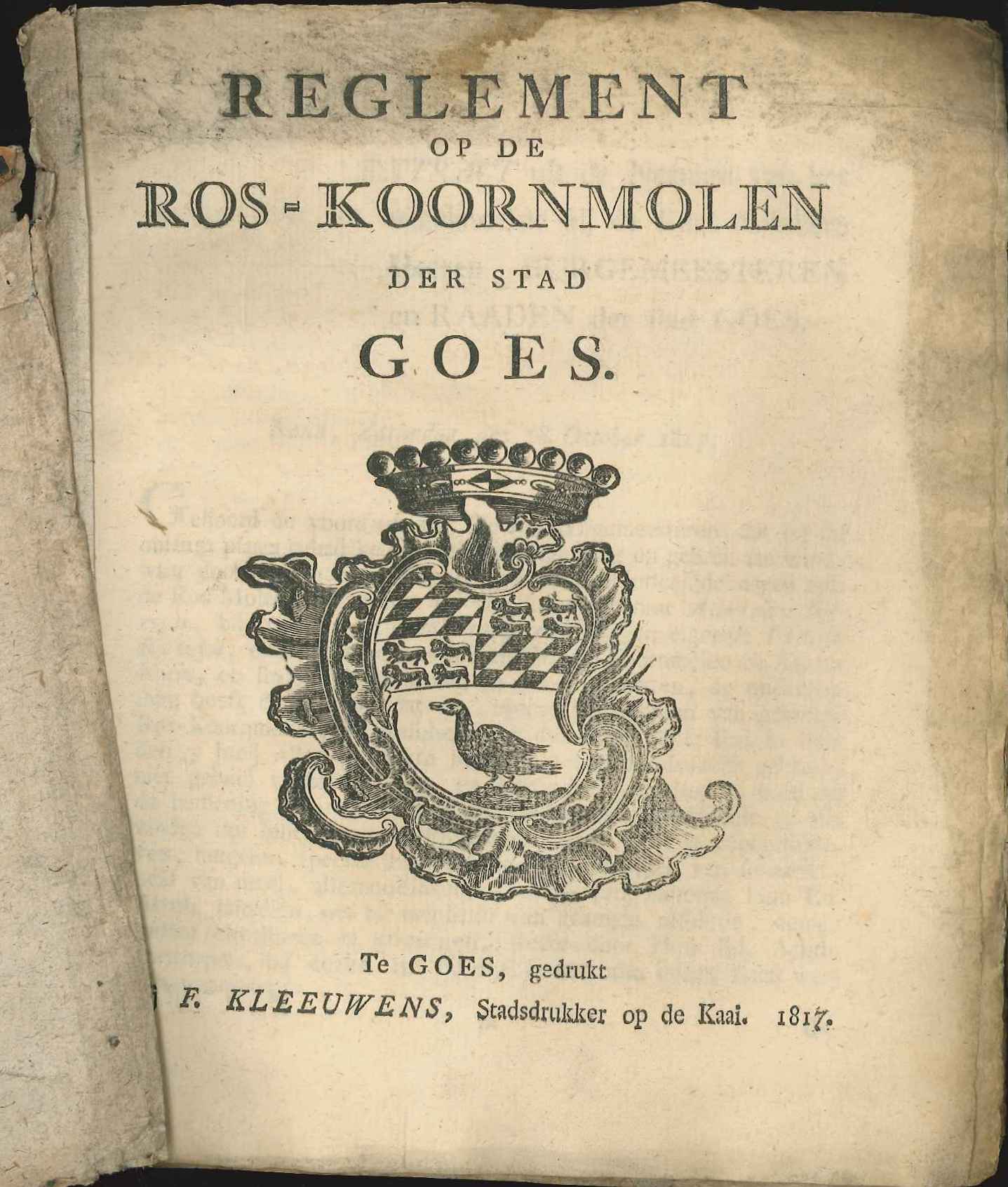 Reglement op de stadsroskorenmolen, 1817.