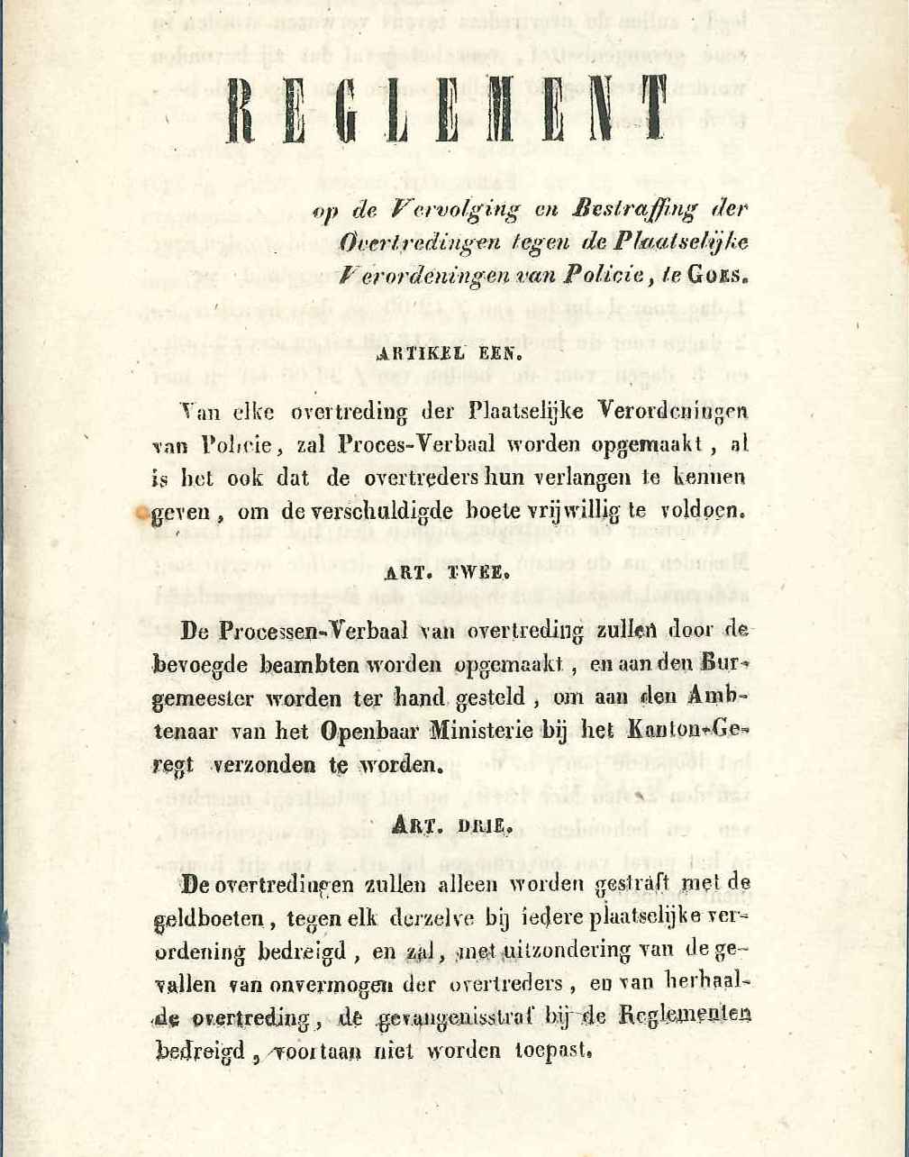 Reglement op de straffen bij overtreding van verordeningen, 1844. GAG.ASG. inv.nr. 1847.