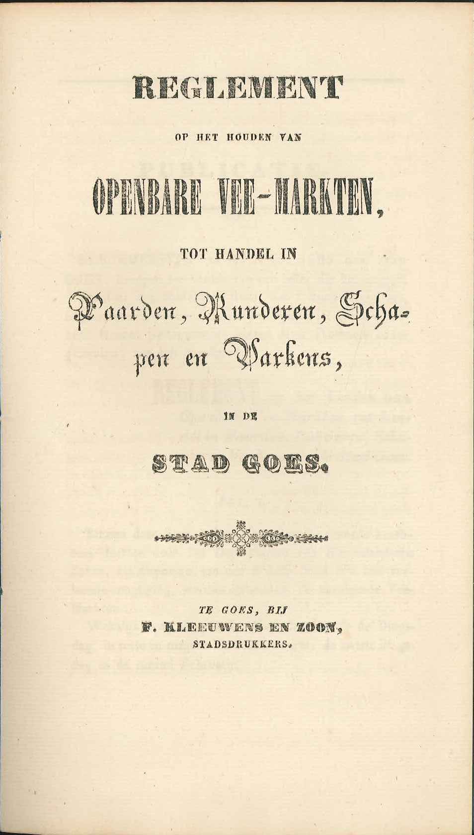 Reglement op de veemarkten in de stad Goes, 1845. GAG.ASG.inv.nr. 2520.