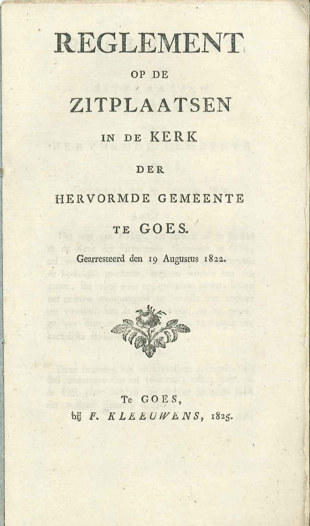 Reglement op de zitplaatsen in de kerk, 1822. GAG.Arch.herv.kerk, inv.nr. 299.