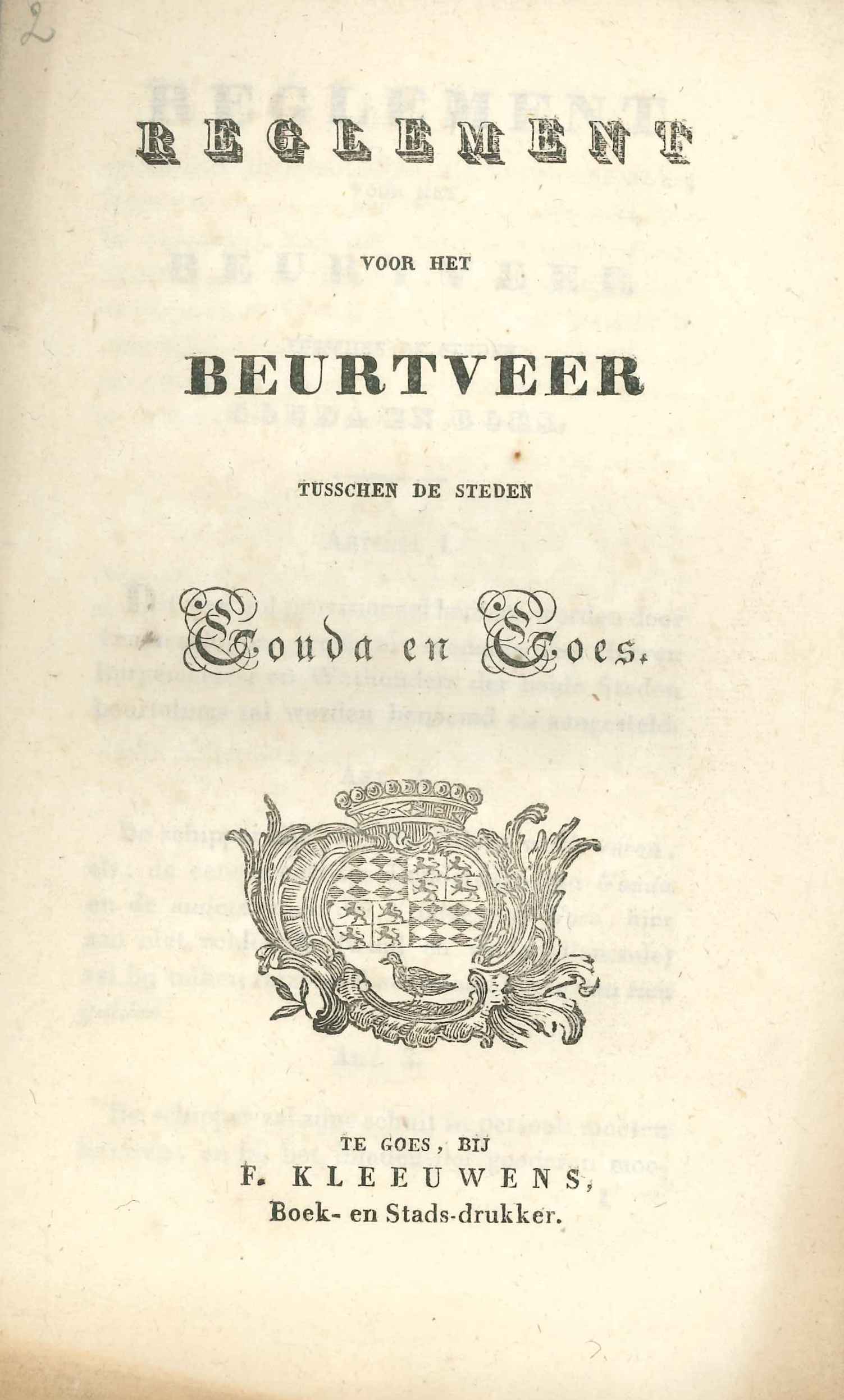 Reglement op het  beurtveer naar Gouda, 1834. GAG.ASG.inv.nr. 2449.