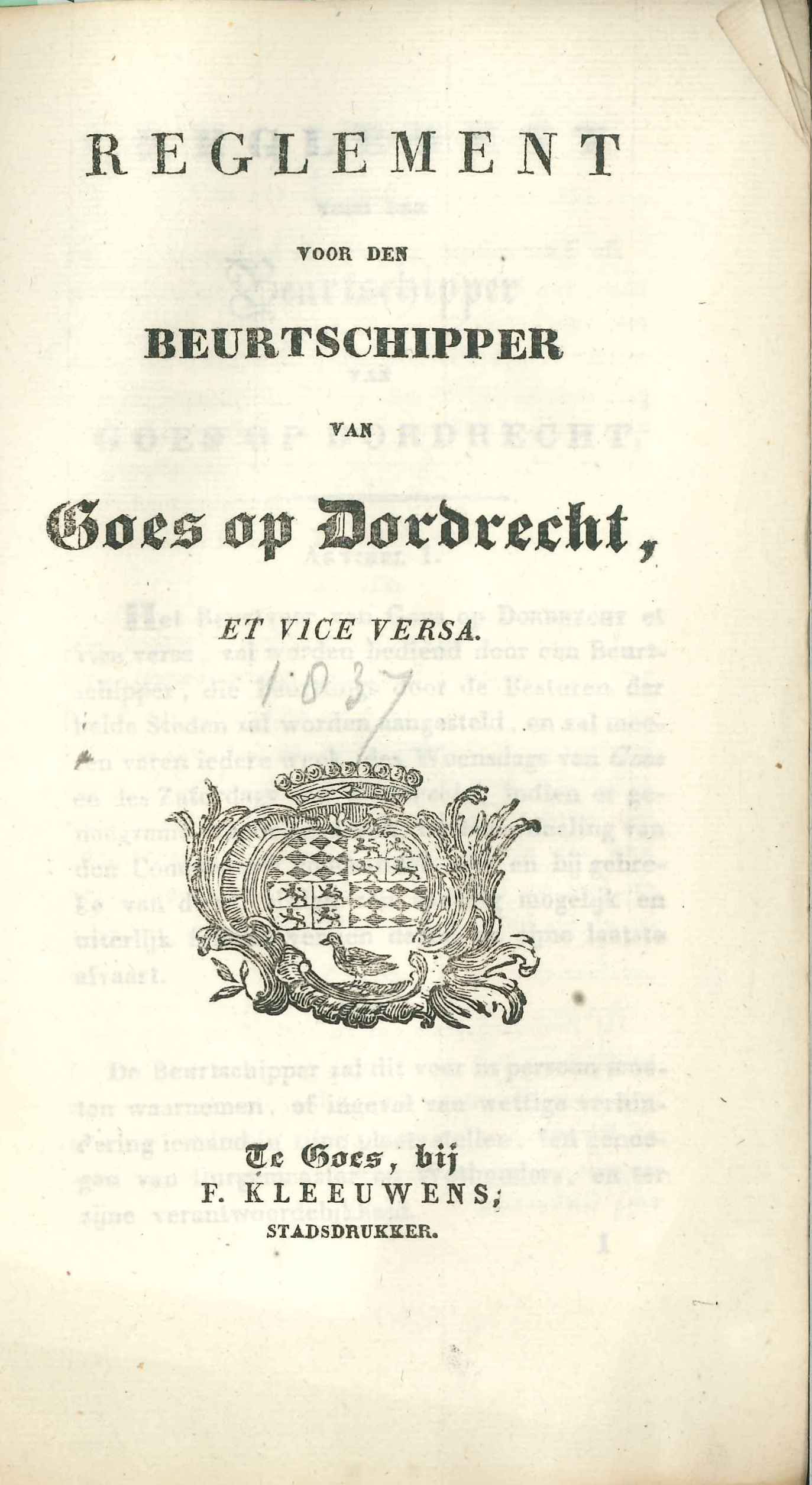 Reglement op het beurtveer naar Dordrecht, 1837. GAG.ASG.inv.nr. 2450.