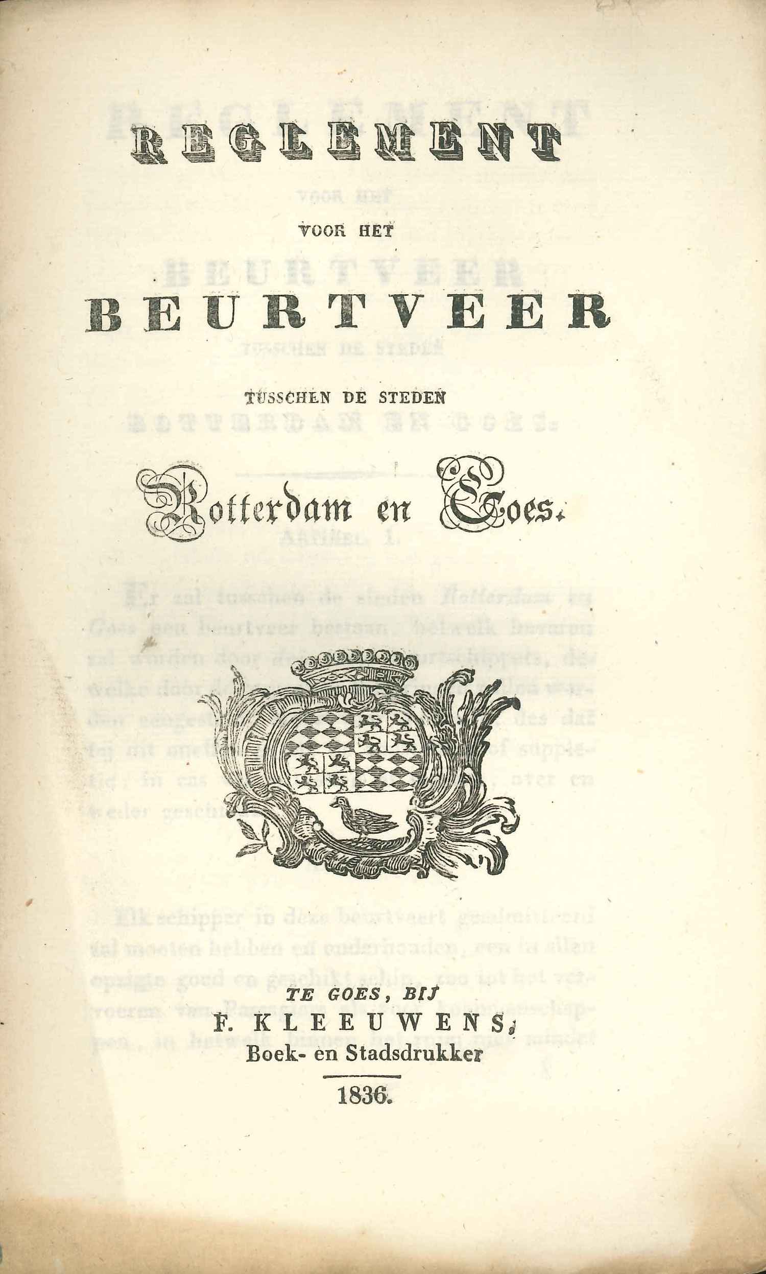 Reglement op het beurtveer naar Rotterdam, 1836. GAG.ASG.inv.nr. 2445.