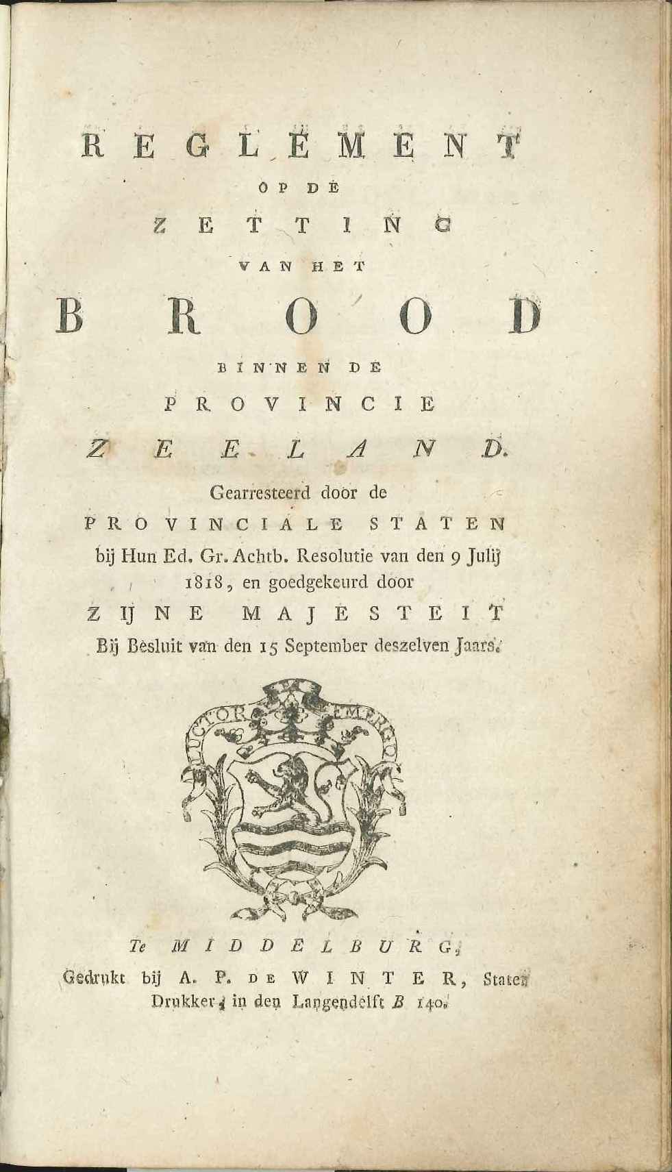 Reglement op het vaststellen van de broodprijs, 1818.