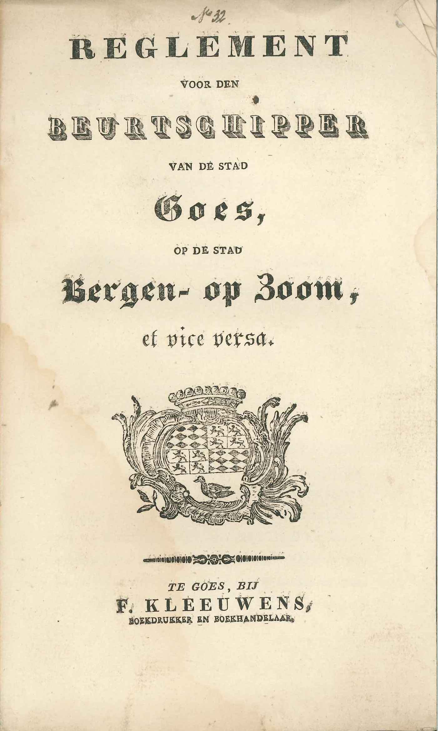 Reglement voor de beurtschipper van Goes op Bergen op Zoom, 1831. GAG.ASG.inv.nr.2443.