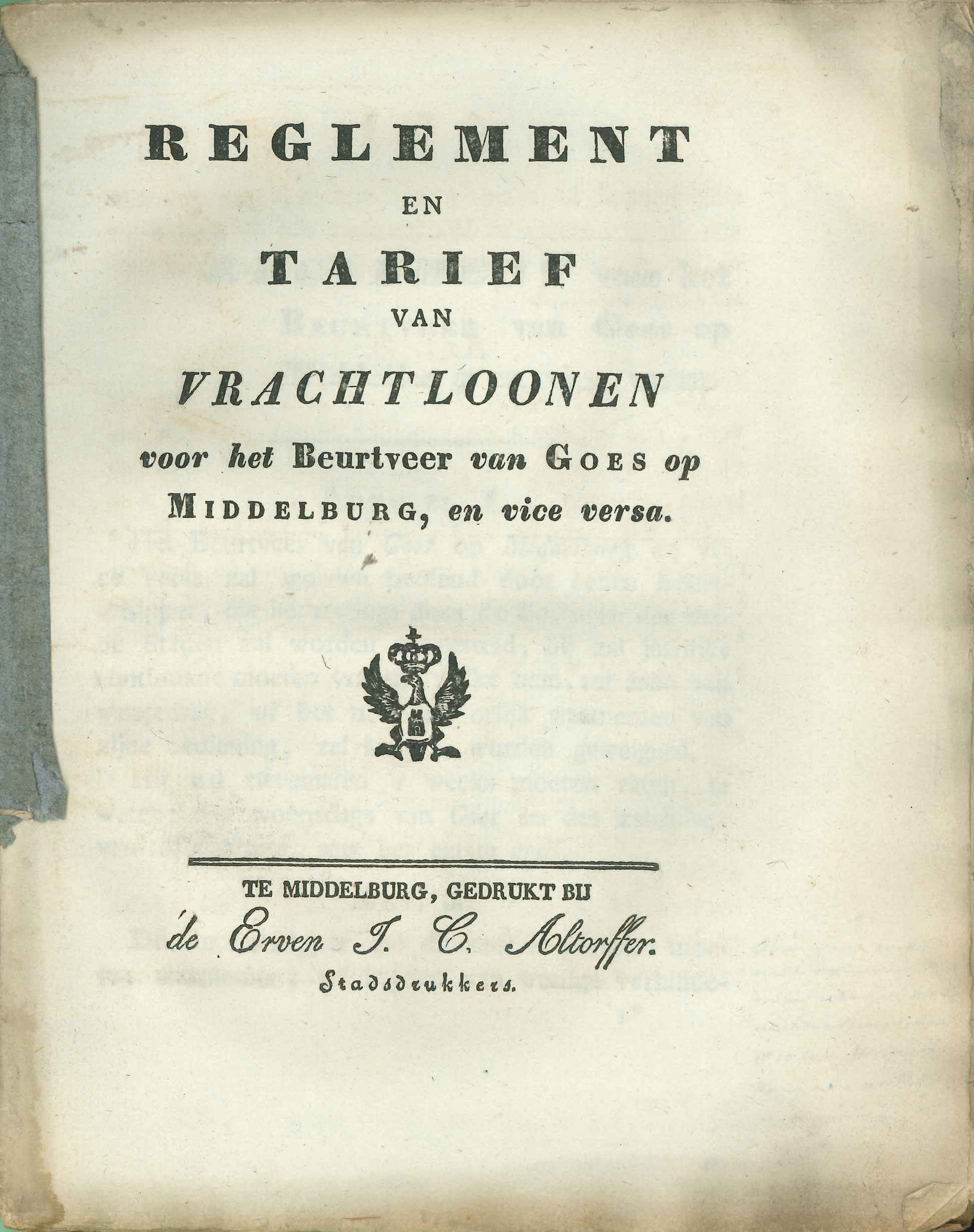 Reglement voor de beurtschipper van Goes op Middelburg, 1831. GAG.ASG.inv.nr. 2447.