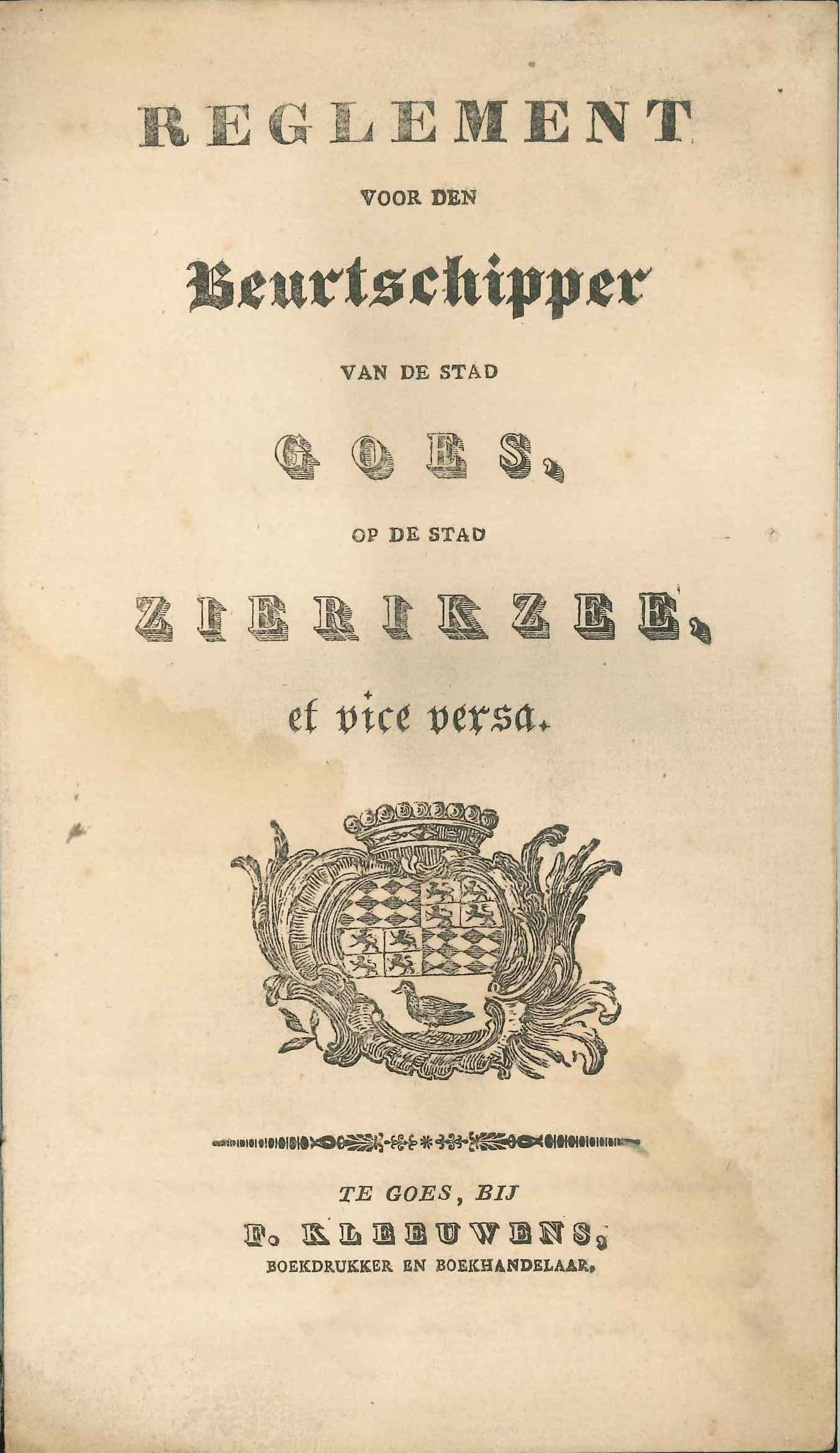 Reglement voor de beurtschipper van Goes op Zierikzee, 1831. GAG.ASG.inv.nr. 2442.