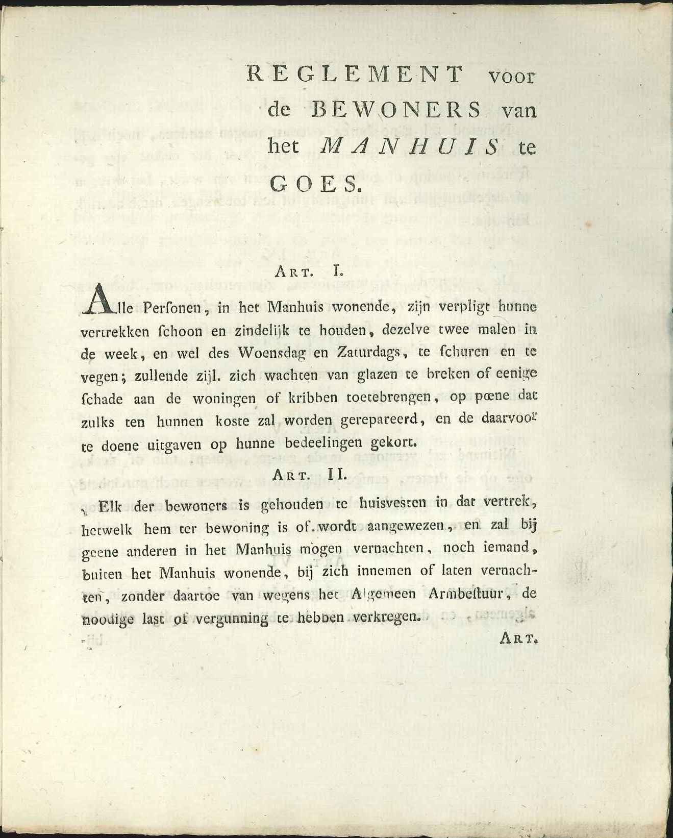 Reglement voor de bewoners van het Manhuis, 1820.