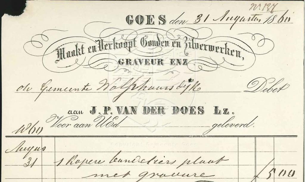 Rekening van goudsmid J.P. van der Does Lz, 1860. GAG.nota's. Primaire tabs