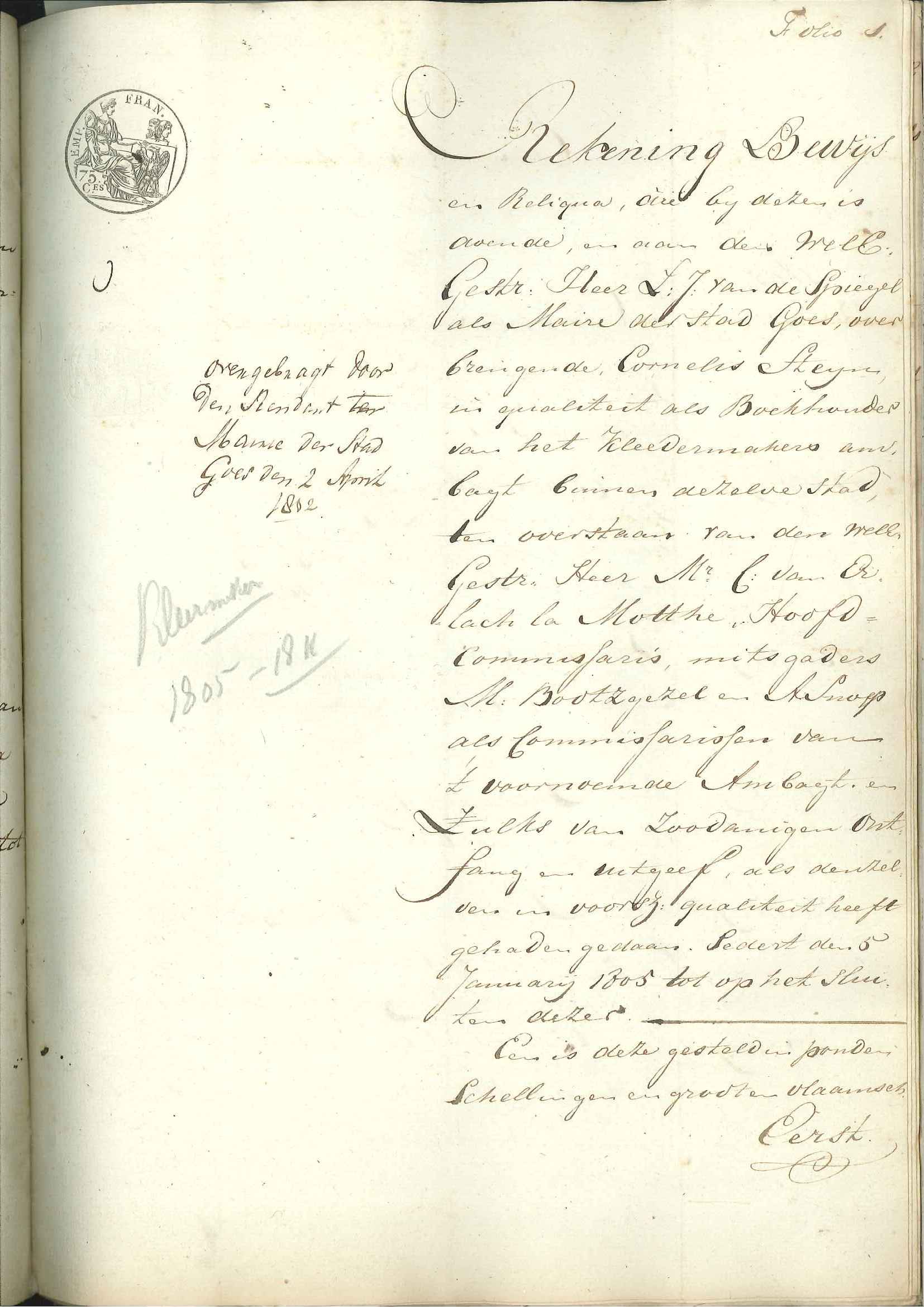 Rekening van het kleermakersambacht, 1805-1811.