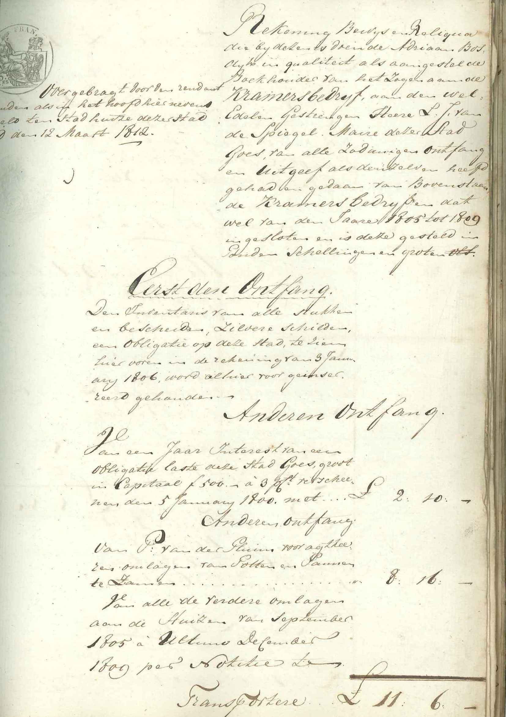 Rekening van het kramersbedrijf, 1805-1809.