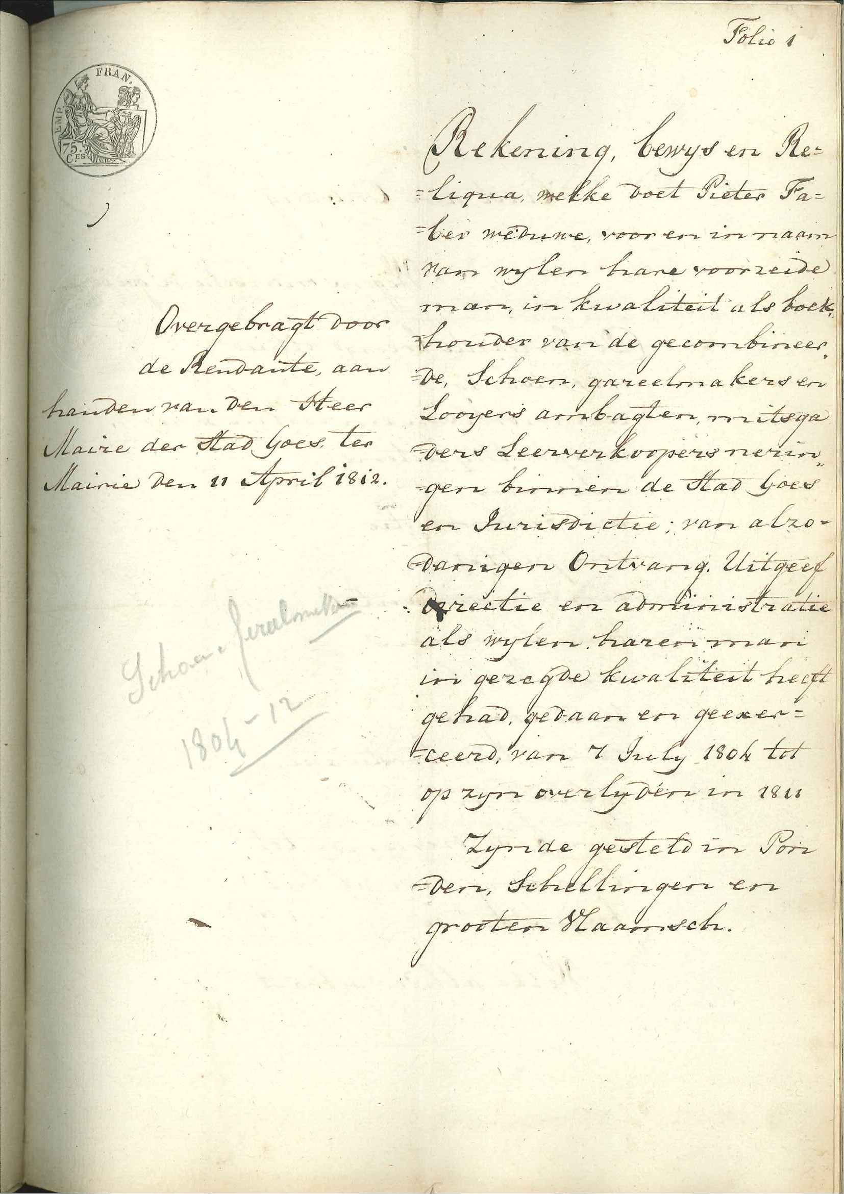 Rekening van het voormalig schoenmakersgilde, 1804-1812.