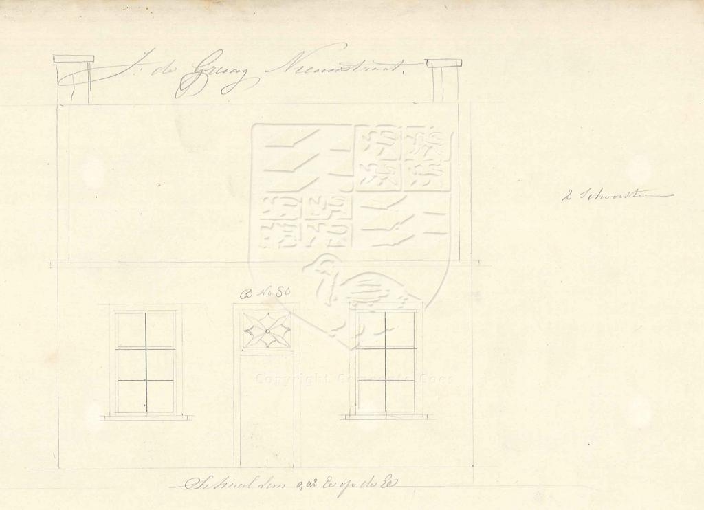 Schetstekening van de herbouw van Pyntorenstraat 1, 1859. GAG.AGG.inv.nr. 224, nr. 250