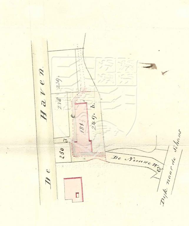 Situatieschets rond meestoof De Zon zuidelijk de alcoholfabriek van Verhagen, 1860. GAG.AGG.inv.nr. 238, nr. 591 Primaire tabs