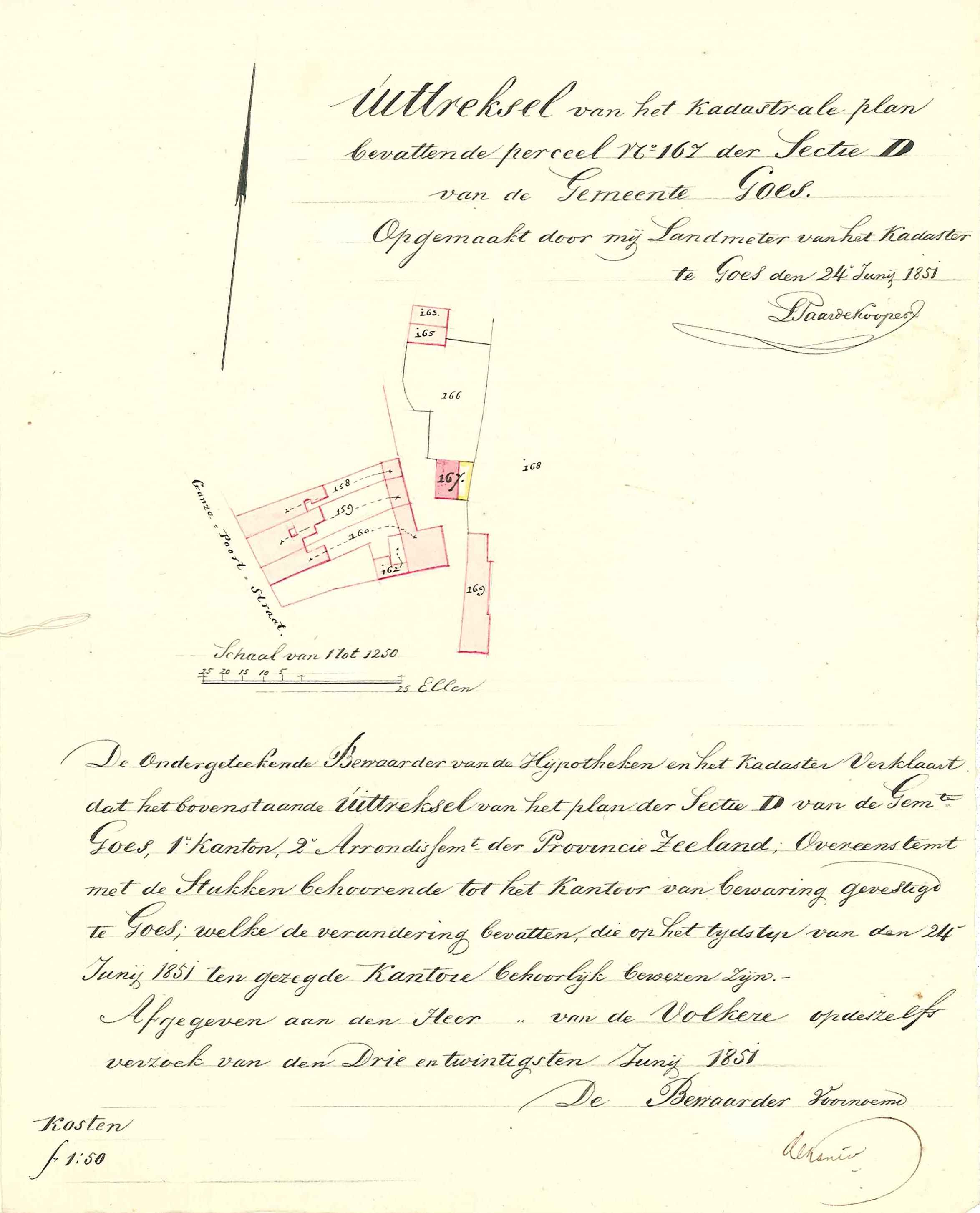 Situatieschets van de Brakke Vest aan de Oostpoort, met een gedeelte wal te verpachten aan Johannes Dekker Lzn, 1851. GAG.ASG.inv.nr. 621.2, nr. 302.
