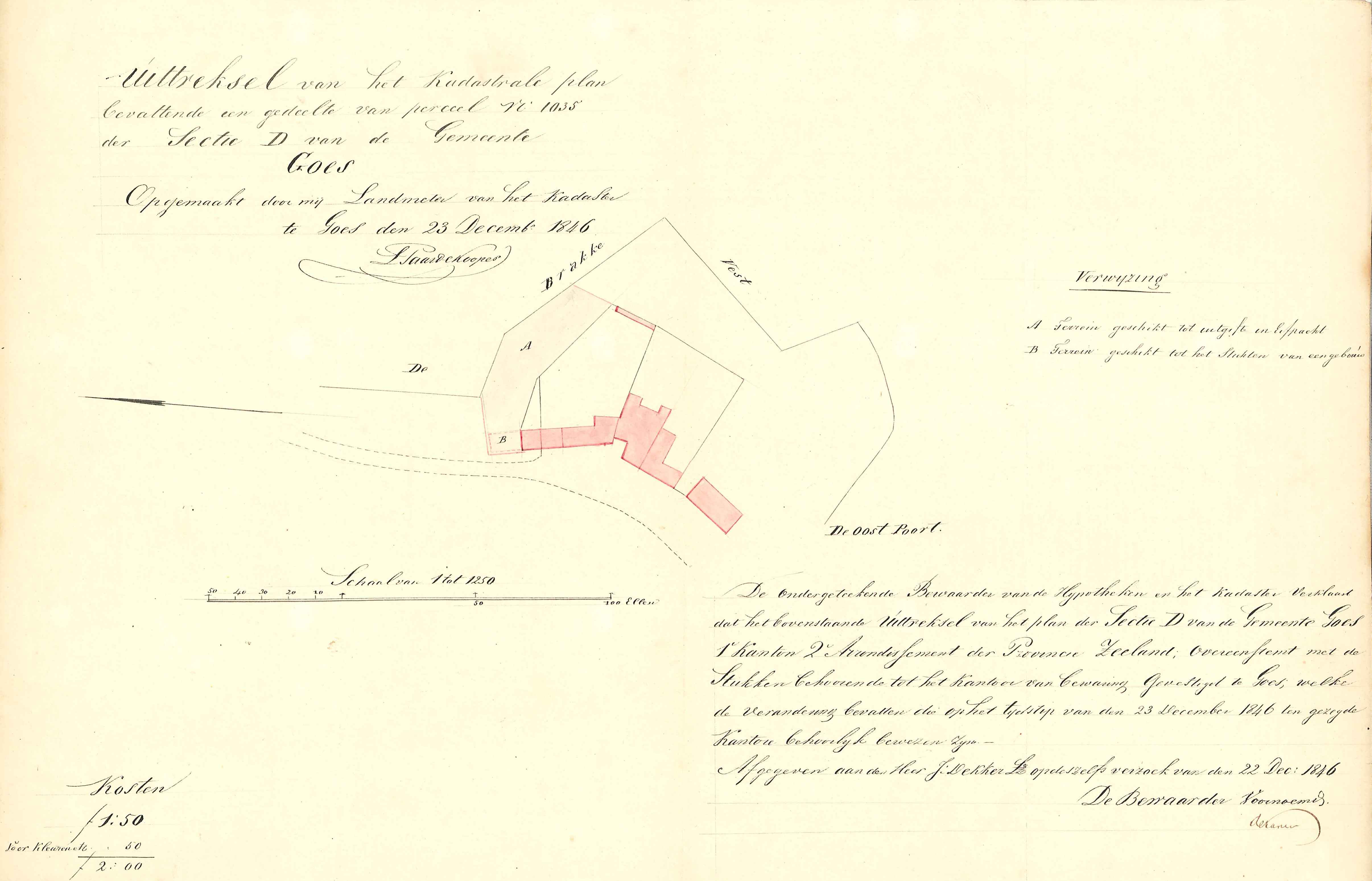 Situatieschets van de Brakke Vest aan de Oostpoort, verpacht aan Johannes Dekker Lzn. 1847. GAG.ASG.inv.nr. 596.1, nr. 52.