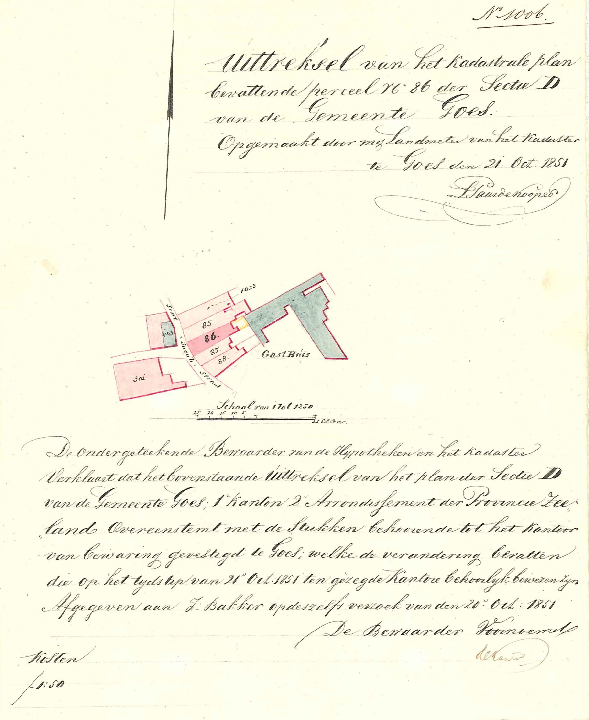 Situatieschets van de St. Jacobstraat, waar J.J. Bakker een slagerij wil stichten, 1851. GAG.ASG.inv.nr. 624, nr. 1006.