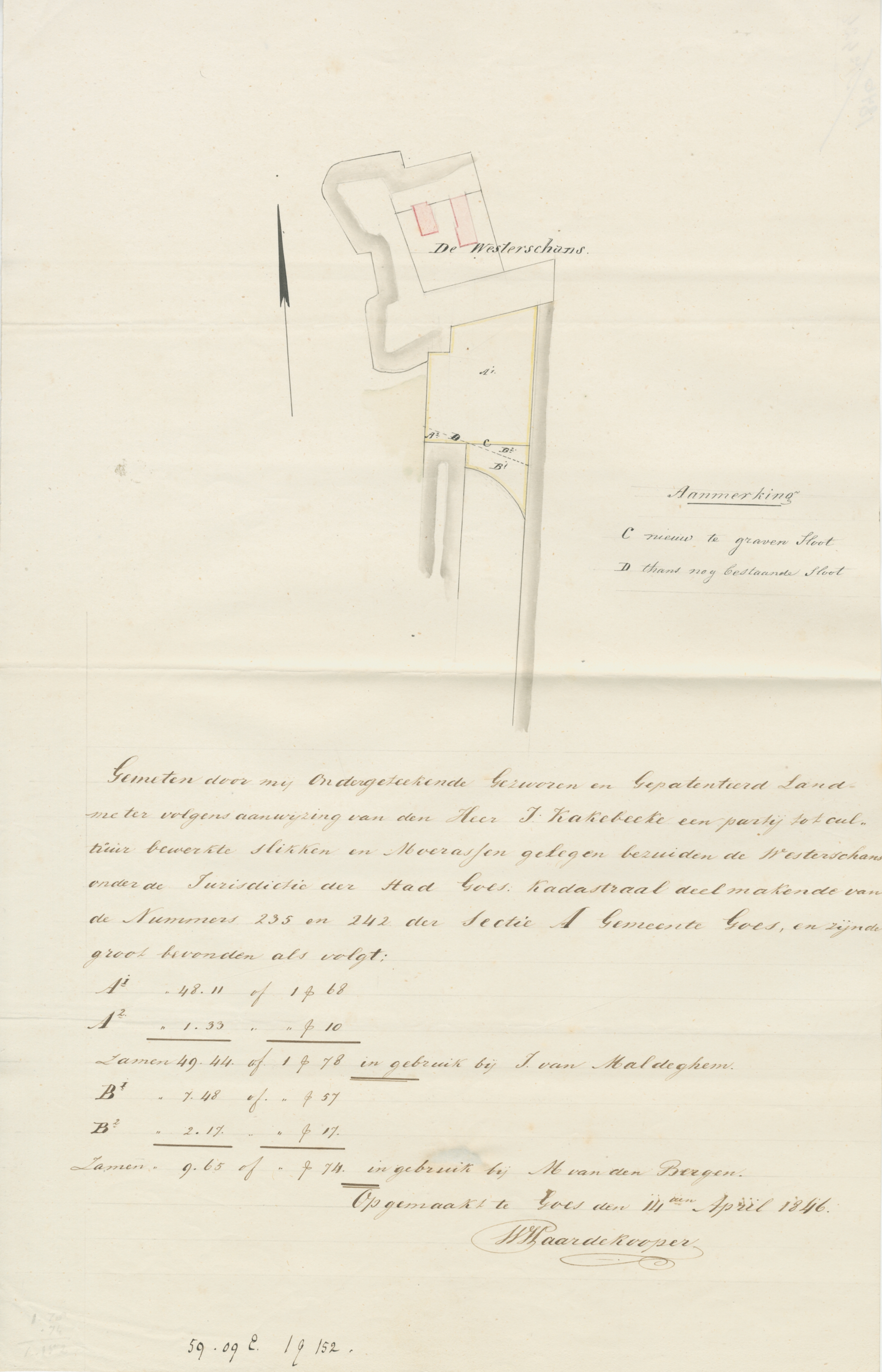 Situatieschets van de Westschans en een te graven sloot, 1846. GAG.ASG.inv.nr. 592.2, nr. 424-01.