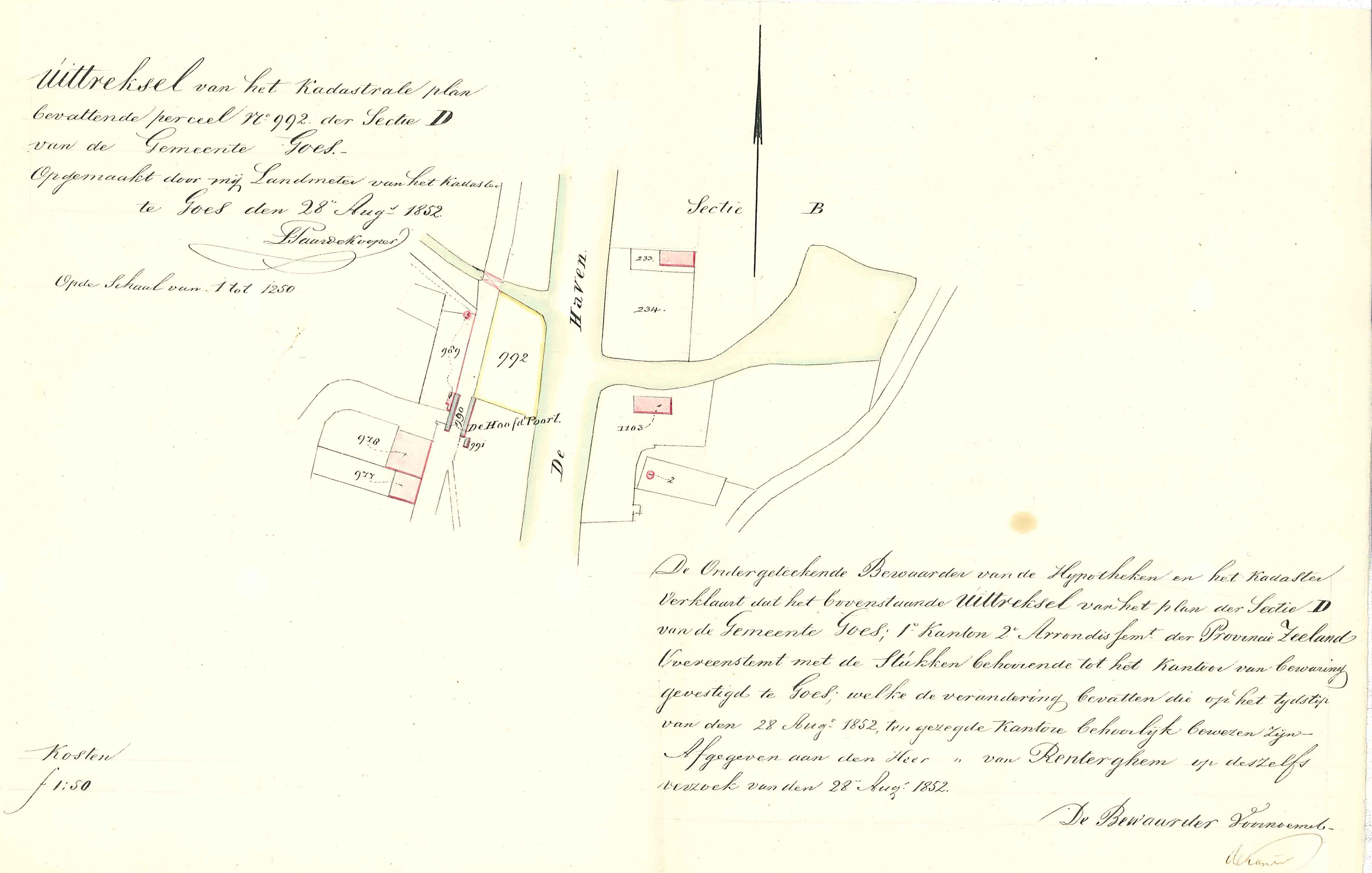 Situatieschets van de haven bij de Hoofdpoort voor bouwplannen van C.A. van Renterghem, 1852. GAG.AGG.inv.nr. 150, nr. 851.