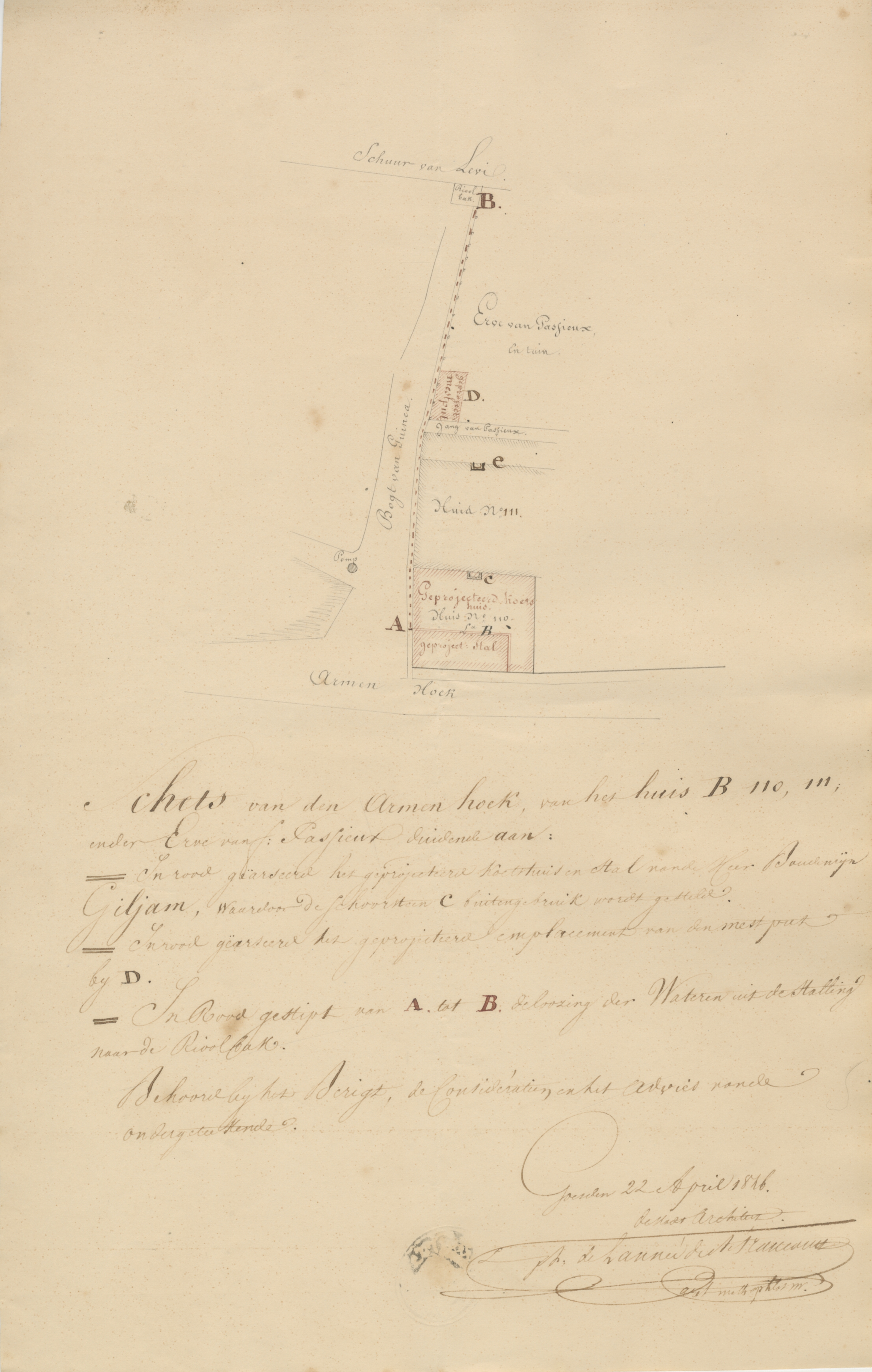 Situatieschets van de hoek van de St. Jacobstraat (Armenhoek) en de Bocht van Guinea, 1846. GAG.ASG.inv.nr. 592.2, nr. 420-1.