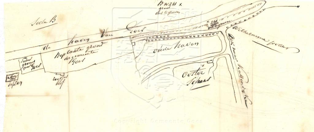 Situatieschets van de oostzijde van de haven tbv een fabriek van draineerbuizen, 1859. GAG.AGG.inv.nr. 228, nr. 717