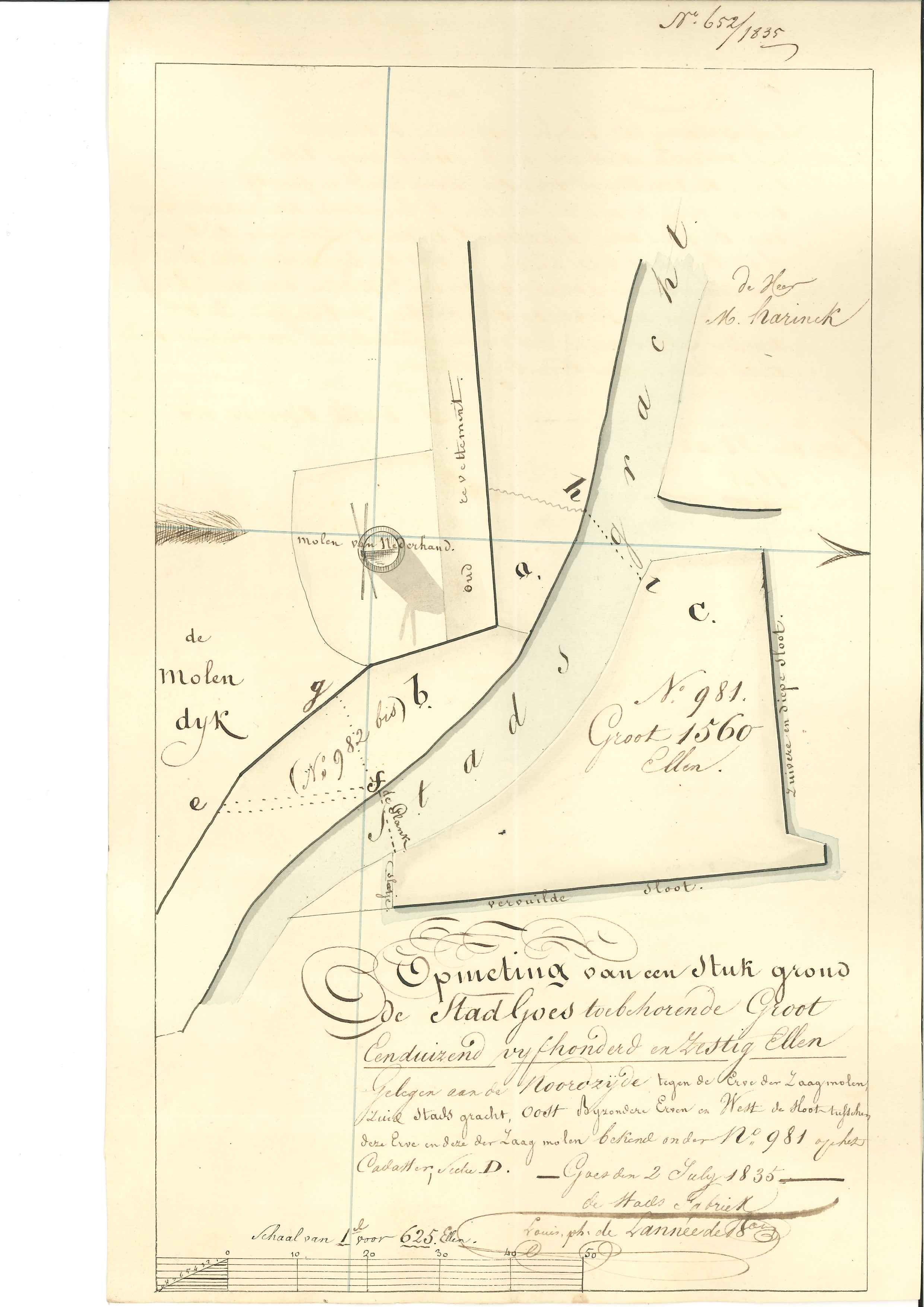 Situatieschets van de stadsgracht bij de zaagmolen, 1835. GAG.ASG.inv.nr. 541,1, nr. 652.