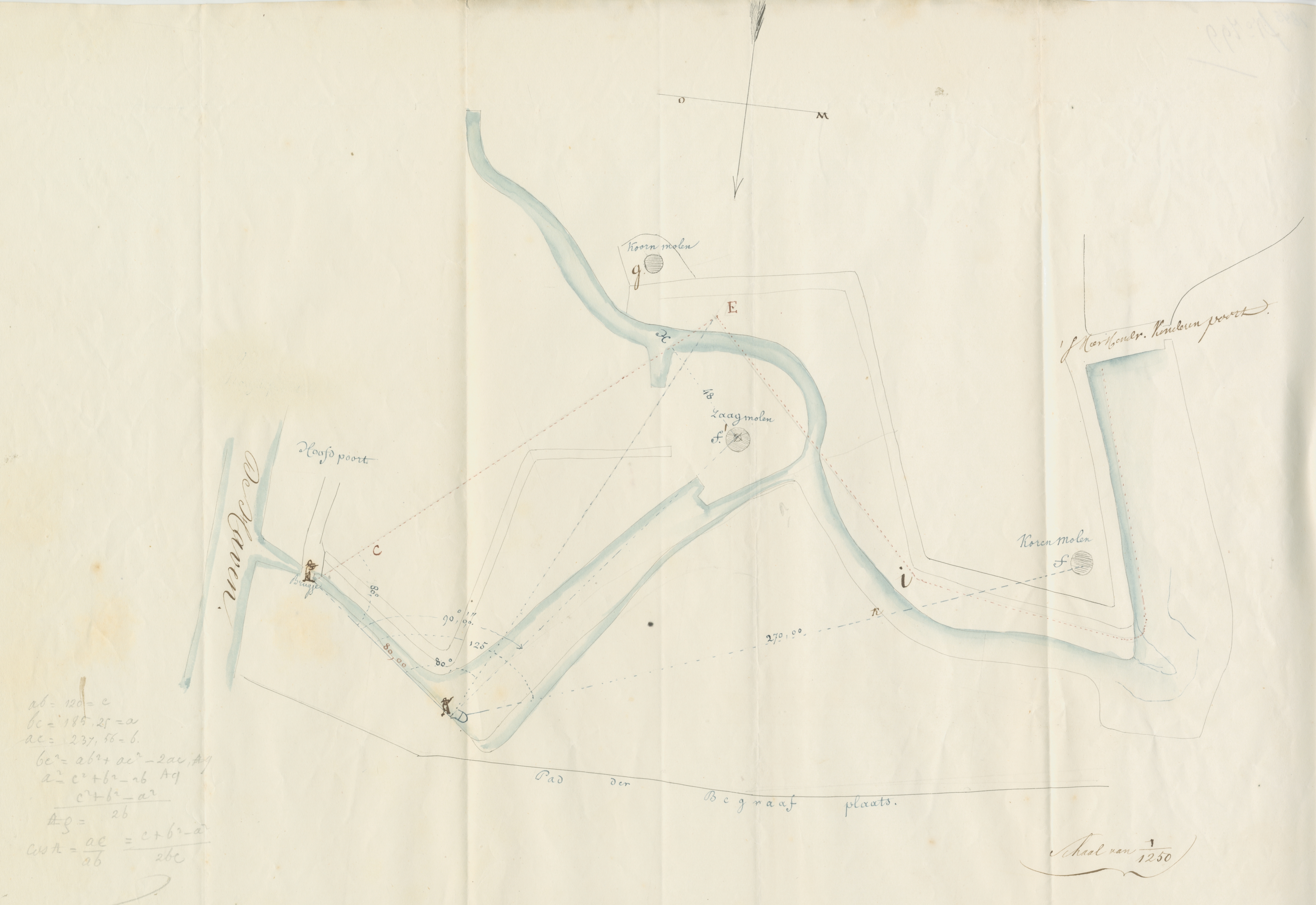 Situatieschets van de stadswal tussen de Hoofdpoort en de 's-Heer Hendrikskinderenpoort, 1845. GAG.ASG.inv.nr. 589.1, nr. 799.