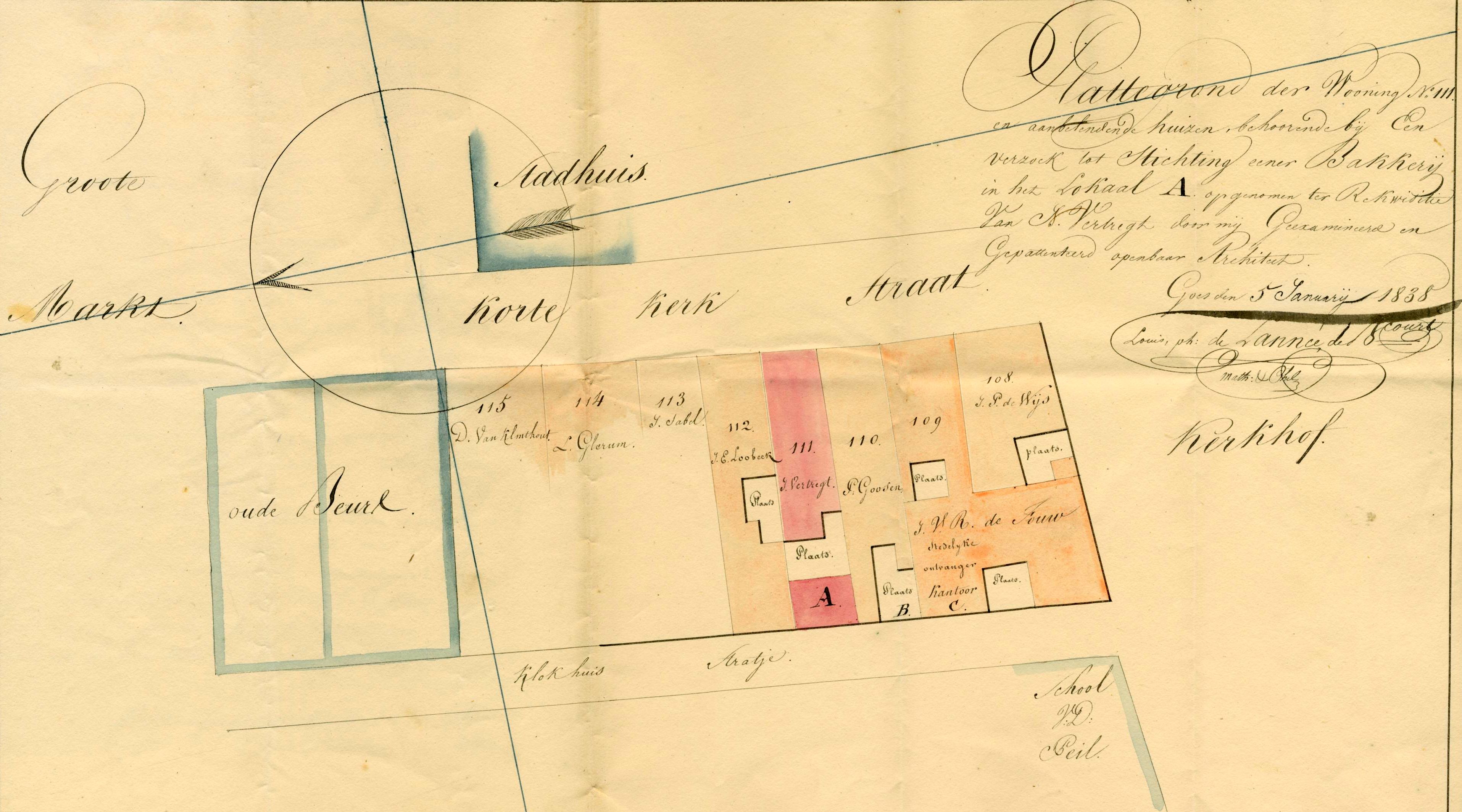Situatieschets van de stichting van een bakkerij aan de Korte Kerkstraat, 1838. GAG.ASG.inv.nr. 552, nr. 19.