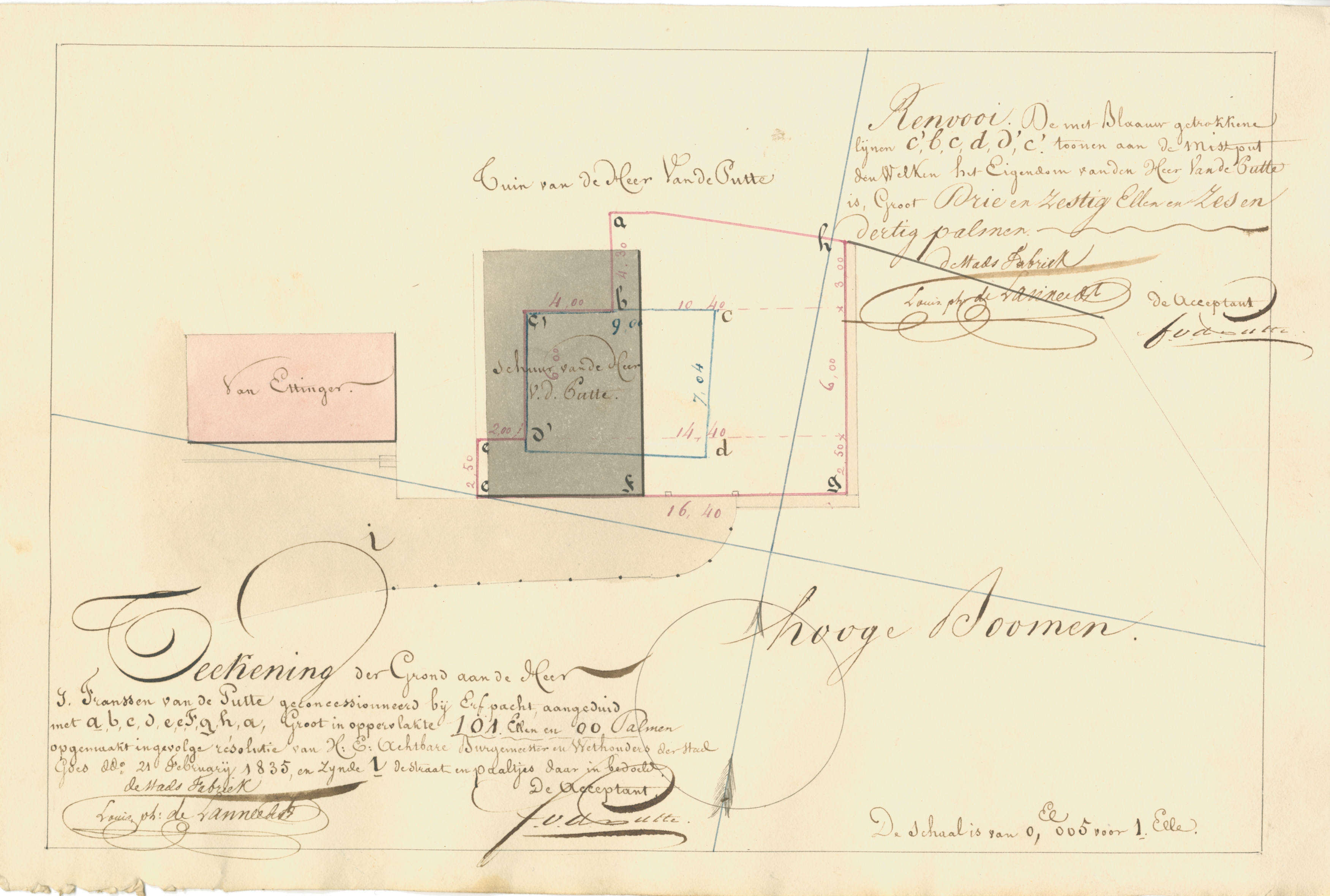 Situatieschets van een mestput aan de Hooge Bomen, 1835. GAG.ASG.inv.nr. 538.2 nr. 174-02.